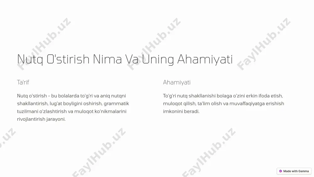 hun mashqlar qiyinchilik tug'dirishi mumkin, bu esa ularning ishtiroqini kamaytirishi mumkin. 6 nutq o'stirish mashqlarini amalga oshirishda pedagogning roli 1 motivatsiya bolalarning qiziqishini uyg'otish, mashqlarni qiziqarli va o'yin shaklida o'tkazish. 2 qo'llab-quvvatlash talabalarning harakatlarini rag'batlantirish, ularni qiyinchiliklarni engishga yordam berish. 3 individial yondashuv har bir talabaning xususiyatlarini hisobga olib, ularga mos keladigan mashqlarni tanlash. 7 nutq o'stirish metodikasi takomillashtirish yo'llari 8 image1.png image2.png image3.png image4.png image5.png image6.png image7.png image8.png image9.png image10.png image11.png image12.png image13.png image14.png image15.png