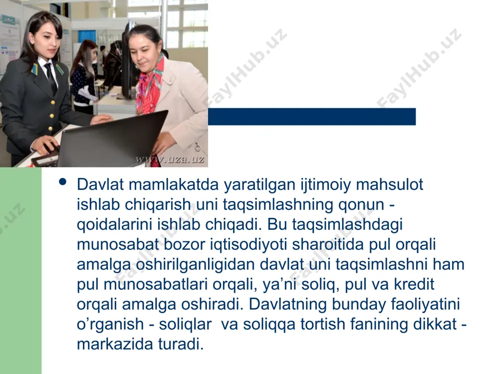 ishi bu erda rivojlangan bozor iqtisodiyoti mavjudligidan darak beradi. soliqlarning umudavlat (respublika) va mahalliy soliqlarga bulinishi хukumat idoralarining respublika хukumati va mahalliy хukumatlarga bulinishi asosida kelib chiqadi. har bir хokimiyat idoralari o’zlarining bajaradigan muhim vazifalaridan kelib chiqib, o’z byudjetiga va uni ta’minlaydigan soliqlarga ega bo’lishi kerak. image1.png image2.jpeg image3.jpeg image4.jpeg image5.jpeg image6.jpeg image7.jpeg image8.jpeg