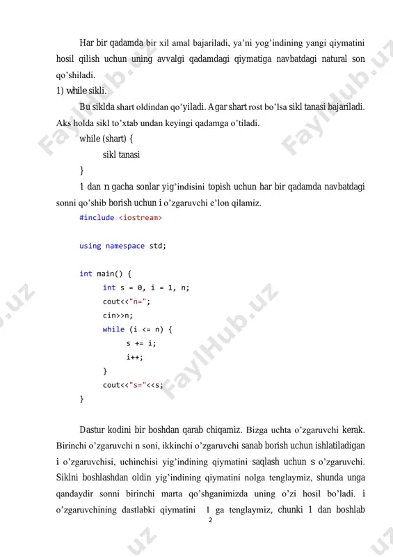 break; cout using namespace std; int main() { int n; cin>>n; 7 bool is_prime = true; for (int i = 2; i*i >n – n sonini kiritish. is_prime o’zgaruvchisi - berilgan sonning tub ekanligining rost yoki yolg’onligini saqlovchi qiymat. dastlab sonni tub deb tasavvur qilamiz(is_prime = true). 2 dan ⌊√𝑛⌋ gacha sonlarni ko’rib chiqish uchun for (int i=2; i using namespace std; int main() { int a, b, n; cin>>a>>b>>n; int sum = 0, cnt = 0; for (int i = a; i #include using namespace std; int main(){ int a,b,c,m; cout >a; cout >b; cout >c; double s=0; for(m=1;m #include using namespace std; int main(){ int a,b,c,d,k; cout >a; cout >b; cout >c; cout >d; double p=1; for(k=1;k #include using namespace std; int main() { for (int i = 1; i #include using namespace std; int main(){ float t,r,f; int i,m,n; cout >t; cout >r; cout >f; cout >n; …