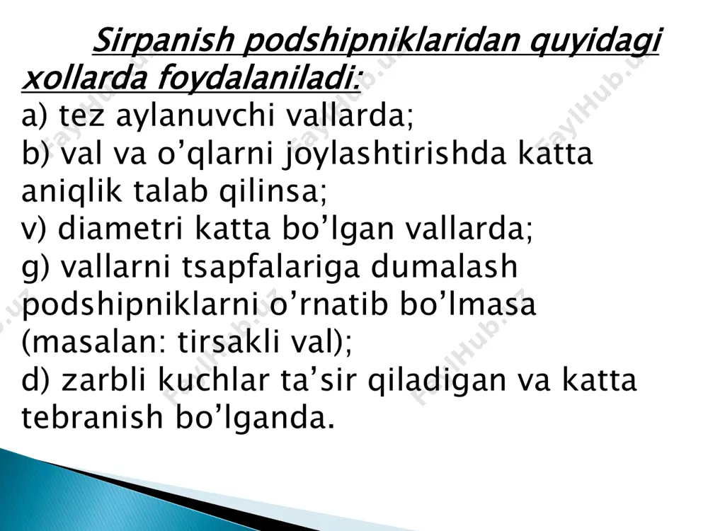 ar tipi 9000 konussimon ro‘likli dumalash podshiplarining konstruksiyalash dumalash elementlarining materiali – shx 15 markali po’lat podshiklarning dumalash elementlari sharcha qisqa ro‘likli uzun ro‘likli ignasimon vintsimon kesikli ro‘lik konussimon ro‘lik simmetrik bo‘chkasimon ro‘lik konussimon sverik ro‘lik qatorlar soniga ko’ra: bir va ikki qatorli bo’lishi mumkin. dumalash podshipniklari yuklanish qobiliyati va o’lchamlariga (diametr va eniga) ko’ra 7 seriyaga bo’linadi: o’ta yengil (0), juda yengil (1), yengil (2), yengil enli (5), o’rta (3), o’rta enli (6) va og’ir (4). dumalash podshipniklarining asosiy o’lchamlari: tashqi halqaning tashqi diametri- d (korpus teshigini diametri), ichki halqaning ichki diametri- d (val diametri), podshipnik eni- b, xalqalarning egrilik radiusi - r dumalash podshipniklari aniqligi bo’yicha 5 sinfga bo’linadi: 0 – normal, 6, 5, 4 va 2 – sinflar. aniqlik sinfi dumalash podshipniklari shartli belgisining oldiga tire qo’yilib yoziladi. aniqlik sinfi yozilmasa u normal sinfga mansub bo’ladi. aniqlik sinfi oshishi bilan podshipnikni tannarxi ham oshadi o’zgaruvchan kuchlanish ta’sirida …