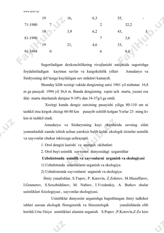 ati shu bilan belgilanadigan bataniklar filora tarkibini urganish bilan birga usimlikka organizmi sifatida uning ekologiyasiga va u yoki bu tuprok turiga munosabati tekshirdilar.ayniksa usimliklar ayrim turlarining ekologiyasini urganish shulariga kup e’tibor berildi.bu ishlar e.p.korovin m.v.kulotieov va s.popovlarnnning namlari bilan boglik ularning ishi uslublarida kozon geotatanigi maktabining ishlariga e’tibor berildi.bunda ekologik sharoitning uzgarishga evolyucion jarayonning yunaltiruvchi omili deb karaldi. d.n. kashkarovning dastlabki ishlari urta osiyoda yashovchi kemiruvchi xayvonlarni urganishga karatilgan edi. omil va ularning biologiyasi sistematikasi va yashash tarziga e’tibor berish bilan birga xayvonlar ekologiyasi buyicha xam ish olib bordi. 1928yil d.n. kashkarov aksh ga bordi chunki u vaktda akshda ekologiya fani bir muncha rivojlangan edi. u 7 oy mobaynida yirik ekologlarning ishlari bilan tanishib chikdi. adams, shlvord chepman, trinell, elli, teylor, forxis va boshkalarning ishlarini urgandi.. u 12 ta univyersitet, muzey, kurikxonalar bilan tanishdi. d.n. kashkarovning leningrad univyersitetiga ketishi munosabati bilan uzbekistonda ekologiya yunalish uning davomchilari a.selevin, z.zoxidov, i.kolesnikov ishlarida …