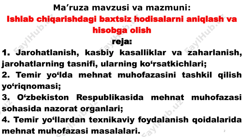 a, u kasbga oid mehnat qobiliyatini vaqtincha yoki turg‘un yo‘qotishiga yoxud vafot etishiga sabab bo‘lgan hodisaga aytiladi. 4 4 quyidagi holatlarda ishlab chiqarishdagi baxtsiz hodisalar tekshirilmaydi va hisobga olinmaydi: tabiiy o‘lim; o‘zini o‘zi o‘ldirish; jabrlanuvchining o‘z salomatligiga qasddan shikast etkazishi; jabrlanuvchining jinoyat sodir qilish chog‘ida shikastlanishi. izoh: (sud-tibbiy ekspertiza xulosasi yoki tergov organlarining ma’lumotlariga ko‘ra) 5 kasb kasalligi — xodimning unga zararli ishlab chiqarish omili yoki xavfli ishlab chiqarish omili ta’siri natijasida yuzaga kelgan va uning kasbga oid mehnat qobiliyatini vaqtincha yoxud turg‘un yo‘qotishiga sabab bo‘lgan o‘tkir yoki surunkali kasalligiga aytiladi. 6 7 ish muhitining zararli omili - ishchiga ta’siri kasb kasalliklarini yoki sog’lig’ini boshqa buzilishlarini keltirib chiqarishi, avlodlari sog’ligiga ziyon-zahmat yetkazishi mumkin bo’lgan ish muhitining omili. jarohatlarning (shikastlanishlarning) tasnifi keltirib chiqargan i.ch. omili bo’yicha og’irligi bo’yicha jarohatlanganlar soni bo’yicha fizik kimyoviy biologik psixofiziologik mikrojarohatlar ish qobiliyatini vaqtincha yo’qotilishi o’limga olib kelgan individual guruhli 8 mexanik baxtsiz hodisalar ish bilan …