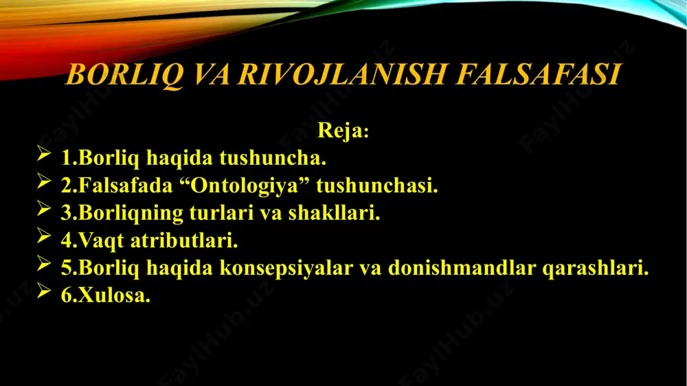 ealikka ulgurmagan, salohiyatdagi aktual borliqdir. tabiat borlig’i manaviy borliq inson borlig’i ijtimoiy borliq moddiy borliq borliqning shakllari fazo harakat vaqt atribut-muayyan jismning aynan shu jism ekanligini belgilovchi xususiyatlari uning atributlari bo’ladi. borliqning atributlari: fazo-dunyoni tashkil etuvchi obʼyektlar va ulardagi tarkibiy nuqtalarning oʻzaro joylashish tartibi, koʻlami va miqyosini ifoda etadi. vaqt-dunyoda sodir boʻluvchi xodisa va jarayonlarning ketma-ket roʻy berishi va davomiyligini ifodalaydi. harakat— borliqning ajralmas xususiyati boʻlgan oʻzgaruvchanlikni ifodalovchi falsafiy kategoriya. harakat tushunchasi imkoniyatlarning voqelikka aylanishini, roʻy berayotgan hodisalarni, olamning betoʻxtov yangilanib borishini aks ettiradi. borliq haqida konsepsiyalar monizm dualizm plyuralizm monizm (qadimgi yunoncha: monas — yakka, yagona) — dunyodagi turli hodisalar negizida bitta ibtido, yagona substansiya yotadi deb hisoblaydigan taʼlimot. dualizm (lot. dualis — ikki yoqlama) — bir-biri bilan birlashtirib boʻlmaydigan holatlar, tamoyillar, fikrlash tarzi, dunyoqarash, intilish va gnoseologik tamoyillar yonma-yon mavjudligini targ’ib qiluvchi taʼlimot. plyuralizm (lotincha: pluralis — koʻplik): borliqning bir necha (yoki koʻplab) mustaqil ibtidosi yoki bilimning bir …
