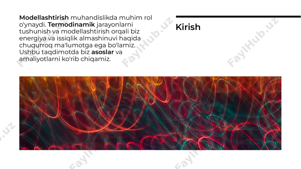 hiqamiz. bu jarayonlar orqali muhandislik sohasida innovatsiyalarni rivojlantirish mumkin. ushbu taqdimotda biz modellashtirish, termodinamika asoslari va amaliyotlarini ko'rib chiqdik. muammolarni hal qilish va innovatsiyalar yaratish uchun modellashtirish jarayonlari muhimdir. kelajakda bu sohada yangi imkoniyatlar va rivojlanishlar kutmoqdaman. xulosa