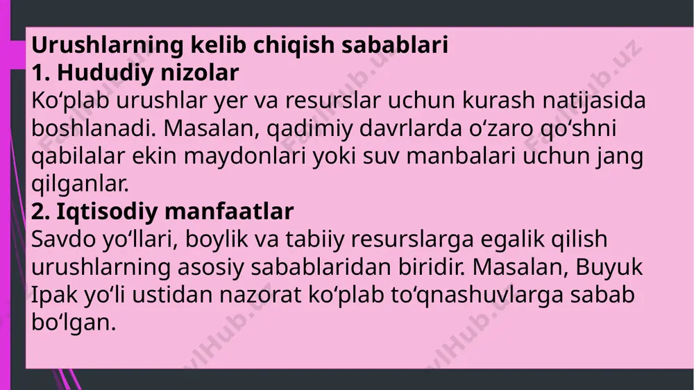 insonlar farovon hayot kechiradi. urush esa bularning barchasini barbod qiladi. shuning uchun urushlarning kelib chiqish sabablari va oqibatlarini chuqur anglash, ularni oldini olish choralarini ishlab chiqish bugungi avlodning eng muhim vazifalaridan biridir. zero, tinchlikni saqlash – kelajak avlodlar oldidagi eng katta mas’uliyatdir. e’tiboringiz uchun rahmat! /docprops/thumbnail.jpeg