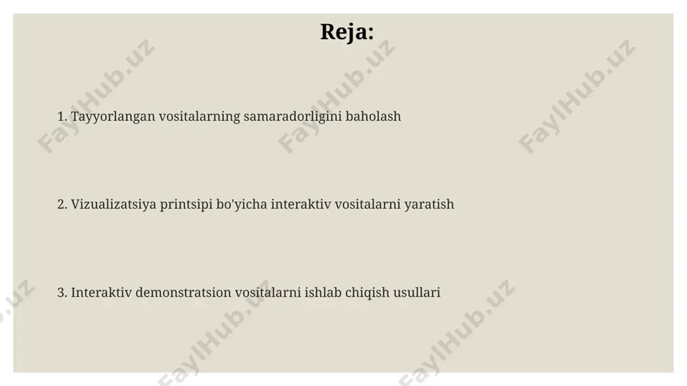 asiya vositalaridan foydalanib, bilimlarni o‘zlashtirish darajasi 15% ga oshganligi kuzatildi. toshkentdagi ta’lim muassasalarida 3 turdagi demonstrasiya vositalari – interaktiv o‘quv dasturlari, 3d modellari va virtual laboratoriyalar samaradorligini solishtirish natijalari taqdim etildi. interaktiv testlar va viktorinalar viktorinalar, 5 ta turli xil savol turidan foydalanib, 20 ta rasmli savollar orqali samarqanddagi talabalarga mavzuni yaxshiroq oʻzlashtirishda yordam beradi va natijalar grafik koʻrinishda taqdim etiladi. interaktiv viktorinalarning natijalari, 30 nafar ishtirokchining javoblari asosida, andijon viloyatidagi taqdimotda jadval va diagrammalar orqali vizual ravishda koʻrsatilib, tushunchani mustahkamlashga xizmat qiladi. interaktiv testlar, masalan, 10 ta savoldan iborat boʻlib, toʻgʻri javoblar foizi natijasini toshkent shahridagi oʻquvchilar guruhiga koʻrsatadi va vizualizatsiya printsipini tushunish darajasini aniqlaydi. interaktiv demonstrasion vositalarini yaratish bosqichlari interaktiv demonstrasion vositasini yaratishda foydalanuvchi interfeysi dizayni muhim ahamiyatga ega; masalan, 10 ta tugma va 3 ta slayd bilan interaktiv test yaratish orqali farg'ona viloyatida o'qituvchilar uchun amaliy mashg'ulot o'tkazish mumkin. interaktiv demonstrasion vositalarini yaratishda, masalan, 3d modellashtirish dasturlari …