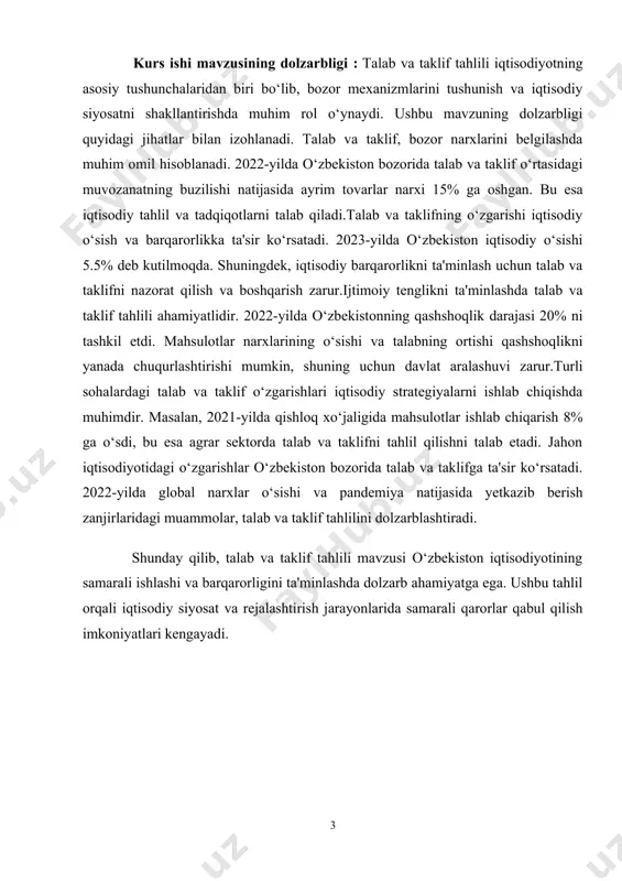 aoliyatga ta'siri, va bozorning o‘zaro bog‘liq jarayonlari olinadi. bu quyidagilarni o‘z ichiga oladi: · talab va taklif tushunchalari. · bozor narxlarini belgilovchi omillar. · talab va taklifning elastikligi. · iqtisodiy o‘sish va rivojlanish jarayonlari. predmet sifatida talab va taklifning tahlili, ularning o‘zaro bog‘liqligi va iqtisodiyotga ta'siri o‘rganiladi. bu quyidagilarni o‘z ichiga oladi: · talab va taklif funktsiyalarini o‘rganish va ularning bozor narxlariga ta'sirini tahlil qilish. · iqtisodiy muammolarni bartaraf etish uchun talab va taklifni nazorat qilish va boshqarish. · o‘zbekiston bozoridagi talab va taklif o‘rtasidagi muvozanatni tahlil qilish va iqtisodiy strategiyalarni ishlab chiqish. shunday qilib, talab va taklif tahlilining obyektlari bozor mexanizmlari, predmetlari esa ularning iqtisodiyotga ta'siri va amaliy jihatlari hisoblanadi. bu tahlil jarayoni iqtisodiy siyosat va strategiyalarni shakllantirishda muhim rol o‘ynaydi. kurs ishi tuzilmasining tavsifi. kirish, 4 ta reja, xulosa va takliflar, foydalanilgan adabiyotlar ro‘yxatidan iborat. 1.talab ,uning manbalari va ta’sir qiluvchi omillari talab va taklif — bozor iqtisodiyotining …