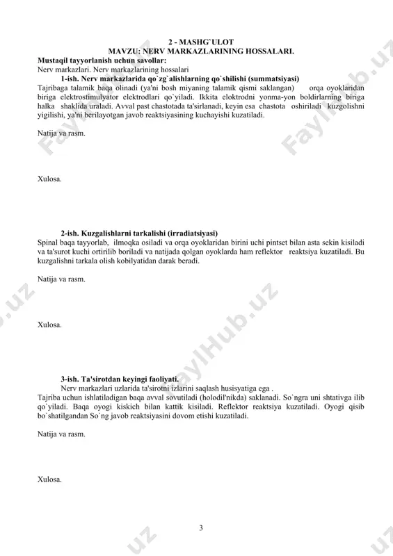 adi. natija va rasm. xulosa. 3-ish. ta'sirotdan keyingi faoliyati. nerv markazlari uzlarida ta'sirotni izlarini saqlash husisyatiga ega . tajriba uchun ishlatiladigan baqa avval sovutiladi (holodil'nikda) saklanadi. so`ngra uni shtativga ilib qo`yiladi. baqa oyogi kiskich bilan kattik kisiladi. reflektor reaktsiya kuzatiladi. oyogi qisib bo`shatilgandan so`ng javob reaktsiyasini dovom etishi kuzatiladi. natija va rasm. xulosa. 4-ish. odam kullarida yozuvchi muskullarning tonik reflekslarini tekshirish (a.a.uhtomskiy bo`yicha). ishning borishi: nerv markazlaridan oz mikdorda kelib turgan impul'slar skelet muskullari tonusini ushlab turadi. nerv markazlarining asosiy hossalaridan biri ta'sirotdan keyingi holat, ta'sirot tugagandan so`ng ham reflektor aktni davom etishidir. tekshiriluvchi kullarini tushirilgan holda devorga yon tomoni bilan turadi. ko`zini yumgan holda 20 dakika mobaynida ung kulini kaftining orqa tomoni bilan devorga bor kuchi bilan tiraydi. so`ngra tekshiruvchi buyrugi bilan ko`zini ochmagan holda yon tomoniga bir kadam yuradi (siljiydi) va kullarini erkin qo`yib yuboradi muskullar tulik bo`shashsin. ung kulini ko`tarilishi necha dakika davom etishi aniqlanadi. bu del'tasimon …