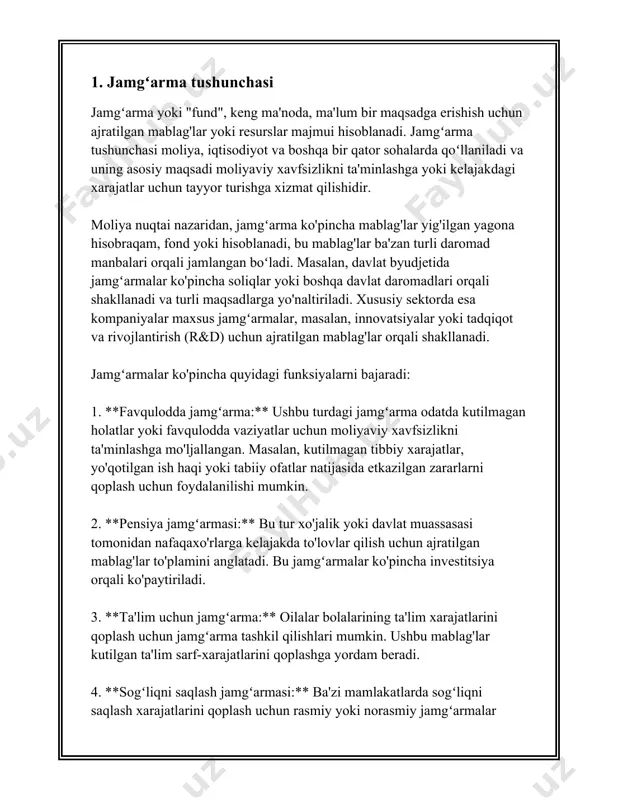oʻlib, ular quyidagicha boʻlinishi mumkin: 1. **bank omonatlari**: bu eng oddiy va xavfsiz jamg'arma turi hisoblanadi. banklar turli muddatli omonatlar taklif qiladi, masalan, qisqa muddatli (3-6 oy), oʻrta muddatli (1-3 yil) va uzoq muddatli (5 yil va undan ortiq). omonatlar foiz stavkalari odatda banklar va milliy iqtisodiyotga bogʻliq holda oʻzgaradi. 2023-yilda ko'pgina banklar yillik 15-20% atrofida foiz taklif qilishi mumkin. 2. **investitsiya fondlari**: ushbu jamgʻarmalar investorlarning pul mablagʻlarini bir joyga toʻplab, turli aktivlarga, xususan, aksiyalarga, obligatsiyalarga, ko'chmas mulk yoki boshqa moliyaviy vositalarga investitsiya qiladi. investitsiya fondlari turli turlarga boʻlinadi: ochiq va yopiq fondlar, indeks fondlari, mutlaq daromad fondlari va boshqalar. yillik daromad koeffitsienti har xil bo'lishi mumkin va bu, odatda, fondning faoliyatidan va bozor shartlaridan kelib chiqadi. 3. **pensiya fondlari**: uzoq muddatli jamgʻarma turi boʻlib, insonlarning kelajakdagi pensiya ta'minoti uchun mo'ljallangan. qoidaga koʻra, pensiya fondlariga o'z hissasini jamiyatning har bir aʼzosi ish beruvchi va davlat ma'lum foizda kiritadi. bu jamg'armalar …