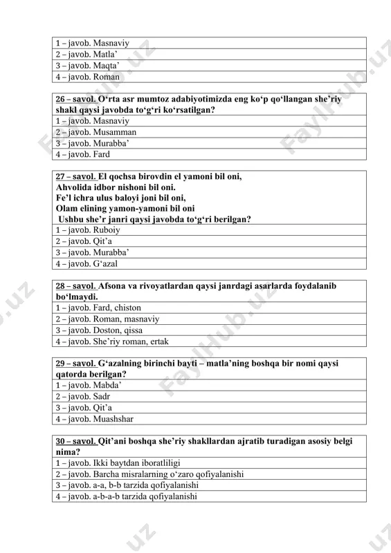 ilun, faulun 4 – javob. faulun, faulun, faulun, faul 39 – savol. ruboyi xosa qanday qofiyalanadi? 1 – javob. a-a-b-a 2 – javob. a-a-a-b 3 – javob. a-a-b-b 4 – javob. a-b-a-b 40 – savol. mumtoz she’riyatda she’riy asarning oxirgi bayti qanday nomlanadi? 1 – javob. maqta’ 2 – javob. radif 3 – javob. qofiya 4 – javob. matla’ 41 – savol. «dubaytiy» atamasi qaysi lirik janr atamasi bilan bir qatorda qo‘llanadi? 1 – javob.«ruboiy » atamasi bilan bir qatorda 2 – javob. «g‘azal» atamasi bilan bir qatorda 3 – javob. «fard» atamasi bilan bir qatorda 4 – javob. «qit’a» atamasi bilan bir qatorda 42 – savol. arabcha «qism», «bo‘lak», «parcha» ma’nolarini anglatadigan lirik janr qanday nomlanadi? 1 – javob. qit’a 2 – javob. to‘rtlik 3 – javob. ruboiy 4 – javob. g‘azal 43 – savol. taronai ruboiyning qofiyalanish tartibi qanday? 1 – javob. a-a-a-a 2 – javob. a-a-b-a 3 …