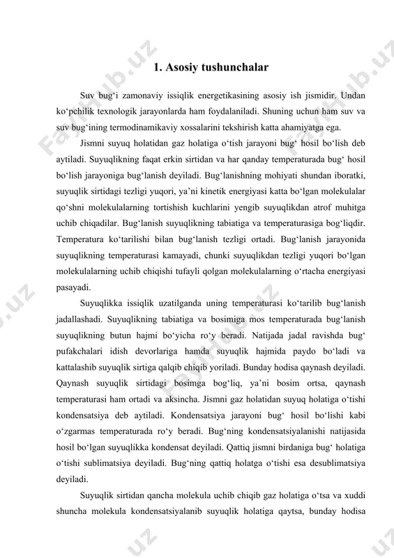 ssalarini tekshirish katta ahamiyatga ega. jismni suyuq holatidan gaz holatiga o‘tish jarayoni bug‘ hosil bo‘lish deb aytiladi. suyuqlikning faqat erkin sirtidan va har qanday temperaturada bug‘ hosil bo‘lish jarayoniga bug‘lanish deyiladi. bug‘lanishning mohiyati shundan iboratki, suyuqlik sirtidagi tezligi yuqori, ya’ni kinetik energiyasi katta bo‘lgan molekulalar qo‘shni molekulalarning tortishish kuchlarini yengib suyuqlikdan atrof muhitga uchib chiqadilar. bug‘lanish suyuqlikning tabiatiga va temperaturasiga bog‘liqdir. temperatura ko‘tarilishi bilan bug‘lanish tezligi ortadi. bug‘lanish jarayonida suyuqlikning temperaturasi kamayadi, chunki suyuqlikdan tezligi yuqori bo‘lgan molekulalarning uchib chiqishi tufayli qolgan molekulalarning o‘rtacha energiyasi pasayadi. suyuqlikka issiqlik uzatilganda uning temperaturasi ko‘tarilib bug‘lanish jadallashadi. suyuqlikning tabiatiga va bosimiga mos temperaturada bug‘lanish suyuqlikning butun hajmi bo‘yicha ro‘y beradi. natijada jadal ravishda bug‘ pufakchalari idish devorlariga hamda suyuqlik hajmida paydo bo‘ladi va kattalashib suyuqlik sirtiga qalqib chiqib yoriladi. bunday hodisa qaynash deyiladi. qaynash suyuqlik sirtidagi bosimga bog‘liq, ya’ni bosim ortsa, qaynash temperaturasi ham ortadi va aksincha. jismni gaz holatidan suyuq holatiga o‘tishi …