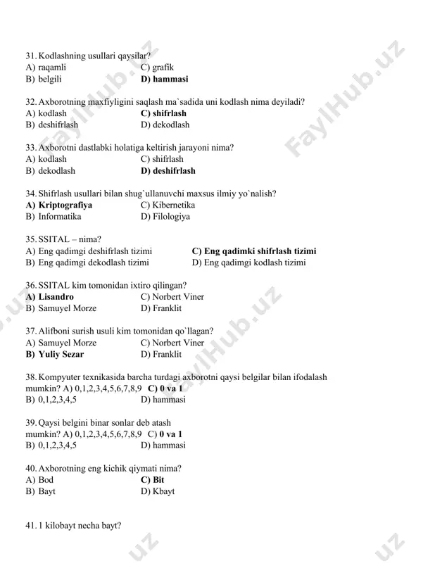 uzilishi nechchi qurilma bilan ta`minlab beriladi? a) 3 c) 5 b) 4 d) 6 54. keys deb nomlanuvchi maxsus qoplama nima? a) klaviatura c) tizim bloki b) sichqoncha d) monitor 55. kompyuter xonasidagi ma`lumotlarni qog`ozga chop etib beruvchi qurilman nima? a) skaner c) monitor b) plotter d) printer 56. printerning nechi turi mavjud? a) 3 c) 6 b) 5 d) 4 57. qog`ozdagi matn yoki rasmni kompyuter xotirasiga kiritadi? a) printer c) plotter b) skaner d) modem 58. skanerning nechi turi mavjud? a) 3 c) 4 b) 5 d) 6 59. tovushli signallarni raqamli signalarga va aksincha, raqamli signallarni tovushli signallarga o`girib beruvchi qurilma nima? a) plotter c) modem b) skaner d) monitor 60. qaysi tugmacha kursorni satr boshida o`tkazadi? a) pgdown c) end b) pgup d) home 61. qaysi tugmacha kursorni satr oxirida o`tkazadi? a) pgdown c) end b) pgup d) home 62. qaysi tugmacha kursorni avvalgi sahifaga o`tkazadi? …