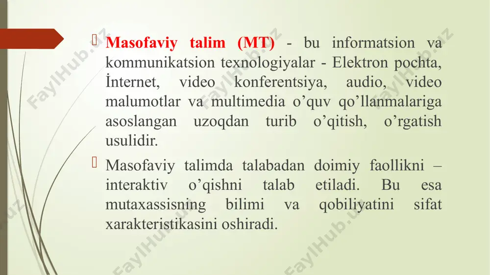 tta qismiga namoyish qilinib o’z vazifasini bajargandan keyin to’xtatiladi. masofaviy ta’limning yutuqlari va kamchiliklari. masofaviy ta’limning o’zining metodik, iqtisodiy, sotsial yutuqlari va afzalliklarga hamda o’zining kamchiliklari va salbiy tomonlarga ega. metodik yutuqlar va afzalliklarga quyidagilarni kiritish mumkin: dars jadvalni qulayligi. o’quvchi o’ziga ma’qul bo’lgan vaqtda o’quv jarayoniga qatnashishi mumkin. qulay foydalanish manzillari. o’quvchi internet kafe, uy, mexmonxona, ish joyida va boshqa joylardan o’quv jarayoniga qatnashishi mumkin. qulay o’quv reja. o’quv rejani talabalarga individual va davlat ta’lim talablariga mos holatda tashkil qilish mumkin. ma’lumotlar bazasini to’planishi. oldingi o’qigan talabalar bilimlarini to’plash va undan foydalanish imkoniyati. ko’rgazmali qulayliklari. multimediya imkoniyatlaridan to’liq foydalanish imkoniyati. iqtisodiy yutuqlar va afzalliklarga quyidagilarni kiritish mumkin: cheksiz masofaga ta’lim berish. o’qituvchi va o’quvchilar o’rtasidagi masofa hech qanday ahamiyatga ega emas. ish jarayoniga xalaqit bermasligi. o’quvchi ishdan ajralmagan holatda ta’lim oladi. o’quvchilar sonini oshirilishi. masofaviy ta’lim texnologiyalarni to’liq qo’llagan o’quv muassasa talabalar soni 2-3 barovar oshishi mumkin. narxi. masofaviy …
