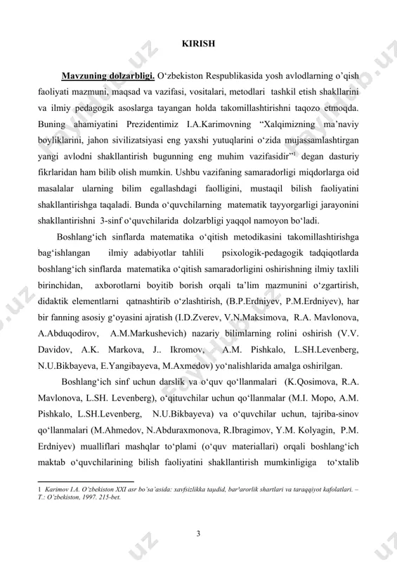da miqdorlarni o’qitish metodikasini takomillashtirish mumkin agar: · -iii sinflarda miqdorlarni o’rganish zaruriyati nazariy asoslansa; · о‘quvchilarning olgan bilimlari qiziqarli, ongli va aniq bо‘lishi ta’minlansa; · iii sinflarda miqdorlarni o’qitish metodikasi о‘rganish mazmuni, shakl va metodlari takomillashtirilib borilsa; · iii sinflarda miqdorlarni o’qitish metodikasi о‘qitishda matematikadan olgan bilimlarining sifat kо‘rsatkichi yuqori bо‘lishi e’tiborga olinsa;. tadqiqot vazifalar: matematika darslarida miqdorlar tushunchasini psixologik-pedagogik jihatlarini о‘rganish. 3-sinflarda miqdorlarni o’rganishning eng maqbul usul, vosita va shakllarini tanlash. iii sinflarda miqdorlarni o’qitish metodikasi o‘rganish mustahkamlash orqali о‘qitishning eng maqbul yо‘llarini ishlab chiqish va uni tajriba - sinov vositasida tekshirish. tadqiqot usullari: 1. muammoga doir adabiyotlarni (psixologiya, pedagogika) tahlil qilish. 2. iii sinflarda miqdorlarni o’qitish metodikasi о‘rganish, darsdan va maktabdan tashqari mashg‘ulotlarda metodist о‘qituvchilarning ish tajribalarini о‘rganish, tahlil qilish va umumlashtirish. 3. о‘tkazilgan tajriba-sinov natijalarini tahlil qilish va umumlashtirish. tadqiqot bosqichlari: birinchi bosqich mavzuga doir adabiyotlar о‘rganilib, tahlil qilish. bu davrda boshlang‘ich sinf fan dasturlari, darsliklari, …