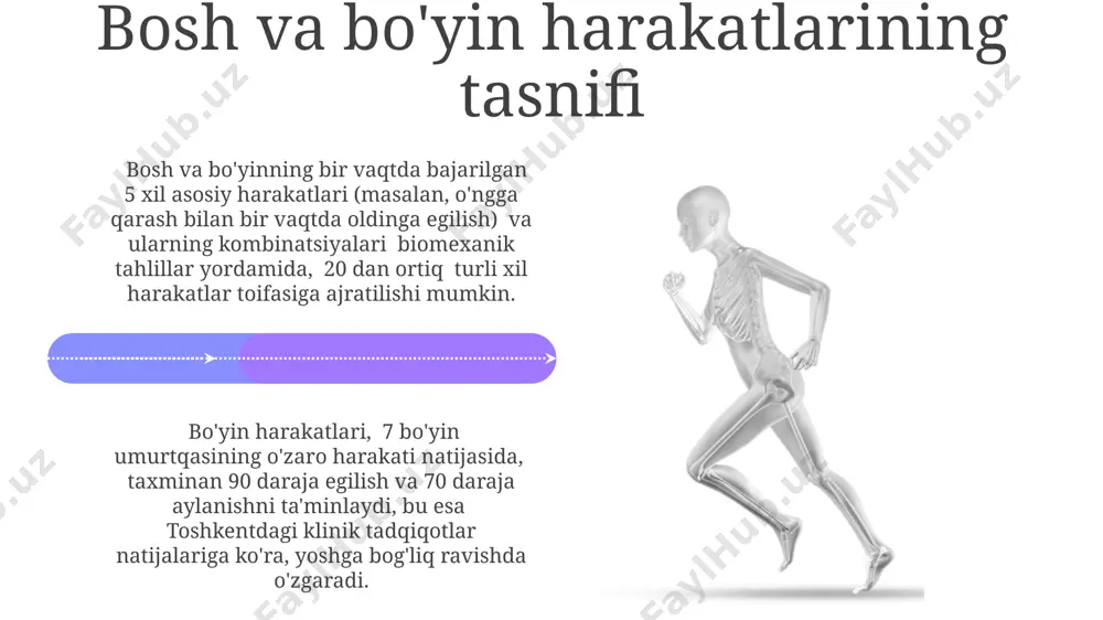 ananing boshqa qismlarining harakatlari, 1-10 sekund oralig'ida turli tezliklarda, turli amplitudalar bilan amalga oshirilishi mumkin, bu esa harakatlarning sinfifikatsiyasi va tahlili uchun kineziologiya va biomekanika sohalarida murakkab hisob-kitoblarni talab qiladi. tana segmentlarining harakatlari 3 o'q bo'yicha (sagital, frontal va transversal) amalga oshiriladi, bu esa 6 darajali erkinlikka ega bo'lgan 15 ta asosiy bo'g'imning murakkab koordinatsion ishlashini talab qiladi. masalan, to'piq bo'g'imi 3 daraja erkinlikka ega. klinik qo'llanmalar самарқанддаги нейрореабилитация марказининг маълумотларига кўра, ёшга боғлиқ 15 та асосий ҳаракат бузилишларининг 8 таси турган ҳолатда аниқланади. туриш ҳолатидаги инсон ҳаракатларини классификациялаш бўйича клиник қўлланмаларда ўзбекистондаги 30 дан ортиқ реабилитация марказларида беморларни баҳолаш учун 5 баллик шкаладан фойдаланилади. murakkab harakatlarning kombinatsiyalari murakkab harakatlarning kombinatsiyalari, masalan, o'ng qo'lni 30 daraja yuqoriga ko'tarish va chap oyog'ni 15 daraja oldinga siljitish, toshkentdagi biomexanika laboratoriyalarida 3d harakatlarni tahlil qilish tizimlari yordamida o'rganiladi. samarqanddagi tadqiqotchilar 2 turdagi murakkab harakatlarni aniqladilar: bir vaqtning o'zida amalga oshiriladigan 2 ta va …