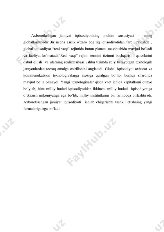 a texnik ish joylari sonining tez ortishi; ishlovchi aholining material ishlab chiqarishi sohasidan, axborot ishlab chiqarish va axborot xizmatlari sohasiga oqib o’tishi bu borada yangi mehnat shakllariining paydo bo’lishiga olib keldi.: bular moslashtirilgan ish kuni, uyda ishlash kabilar. axborotlashgan jamiyatda madanyat. madanyat tushunchasi juda ko’p qirrali bo’lib, bunga davr madanyati (antik madanyat, o’rta asrlar madanyati), turli mamlakat va millatlar madanyati (rus madanyati, o’zbek madanyati), biror soha madanyati (badiiy madanyat, jismoniy madanyat va hokazo) kabilarni kiritish mumkin. rivojlangan axborotlashgan janiyat madanyati deganda nimani mushunish mumkin?ushbu jamiyatga xos bolgan ba’zi madaniy hodisalarga to’xtalib o’tamiz. bular - axborot madanyati va tarmoq madaniyat tushunchalaridir.axborot madanyati deganda shaxsning yangi axborot texnalogiyalari vositasida axborot bilan ishlash qobiliyati va extiyoji tushuniladi. ushbu extiyoj va qobiliyatlarga: · axborotlashtirish vujudga keltirgan mehnat qurilmalar bilan ishlash malakasi; · axborotlarni izlash va qayta ishlash taxnologiyalaridan foydalanish extiyojlari; · turli manbalardan olingan axborotlarni talabga javob berishi darajasi va muhimligiga qarab tiplashtirish malakasi; …