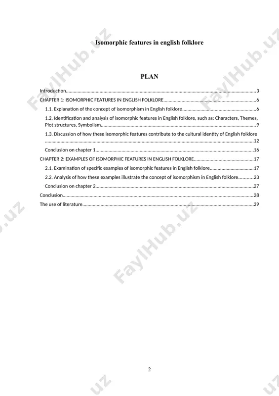 e school, lyceumey, colleges and the university should know at least 2 foreign languages completely. this strict requirement should become the main criterion for the head of each educational institution, - said shavkat mirziyoyev. in addition, the cabinet of ministers of the republic of uzbekistan in 19.01.2022 signed decree no. 34 "on additional measures to improve foreign languages." in order to ensure the implementation of the above decrees and decrees, one of the important issues is the study of isomorphic properties in the oral folk art of foreign countries. to this end, in this course work, i chose the topic "isomorphic properties in english folklore”. folklore is an important part of a society's cultural identity, providing a glimpse into the beliefs, values, and traditions of a people. isomorphism, or the repetition of certain elements across different stories or traditions, is a concept that has been increasingly used to understand and …