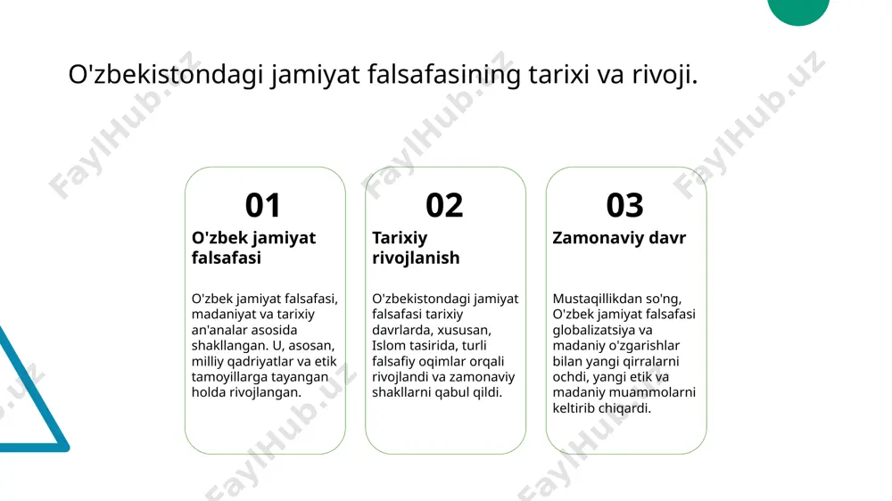 rni zarur qiladi. o'zbekistondagi jamiyat tizimlarining tarixi va rivojlanishi. 1 o'zbek jamiyatining tarixi o'zbek jamiyati tarixi qadimiy davrlardan boshlab, turli madaniyatlar va sivilizatsiyalar ta'sirida rivojlangan, bu esa uning ko'p qirrali xususiyatlarini shakllantirgan. 2 ijtimoiy tizimlar o'zbekistondagi ijtimoiy tizimlar, an'anaviy qabilaviy tuzumlardan boshlab, zamonaviy davlat tuzilishigacha davom etgan, har biri o'ziga xos xususiyatlar bilan ajralib turadi. 3 rivojlanish jarayoni o'zbekistondagi jamiyat tizimlari mustaqillik davrida yangilanish va modernizatsiya jarayonlariga duch keldi, bu esa iqtisodiy va ijtimoiy o'zgarishlarga olib keldi. o'zbek jamiyatida an'anaviy va zamonaviy tizimlar o'rtasidagi farqlar. an'anaviy qadriyatlar o'zbek jamiyatida an'anaviy qadriyatlar oilaviy va jamoaviy aloqalarga asoslangan, bugungi kunda ham muhim rol o'ynaydi. zamonaviy o'zgarishlar zamonaviy tizimlar iqtisodiy va ijtimoiy o'zgarishlar bilan bog'liq bo'lib, yangi g'oyalar va texnologiyalarni o'z ichiga oladi. ijtimoiy tizimlar an'anaviy tizimlar ko'proq ijtimoiy qatlamlarga asoslangan bo'lsa, zamonaviy tizimlar individualizm va erkinlikka e'tibor qaratadi. muammolar va imkoniyatlar an'anaviy va zamonaviy tizimlar o'rtasidagi farqlar, muammolarni keltirib chiqarishi mumkin, lekin …
