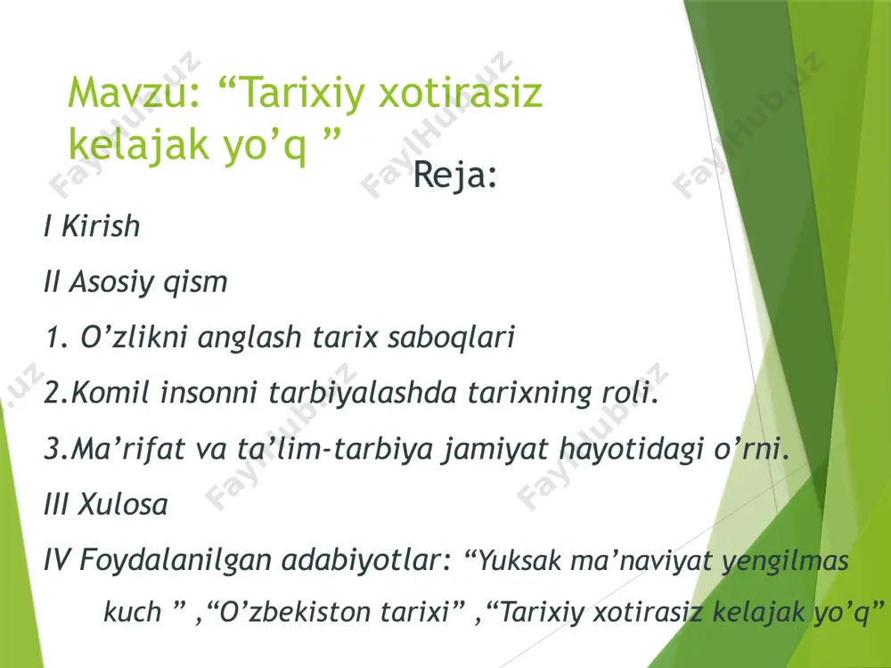 mini ko‘tarish, uning moziydagi yuksak o‘rnini qayta tiklash endigina erishilgan mustaqilligimiz oldiga qo‘yilgan sharafli va mas’uliyatli vazifa edi. esingizda bo‘lsa, ma’rifatparvar jadidlarimizdan biri mahmudxo‘ja behbudiy “ qabilasining ismini va yetti otasining otini bilmaydurg’onlarni “qul”- “marquq” derlar”, deb yozgandi bir maqolasida. atoqli adib chingiz aytmatov esa tarjimayi holida “bizning ovulimizda yetti otasini bilish odatiga qat’iy rioya qilinardi. shu sababdan o‘zimizdan oldin o‘tgan yetti ajdodimizni bilish muqaddas burch ekanligi bolalikdanoq ongimizga singdirilardi” deb eslaydi. lekin shunday holatlar bo‘ladiki, bu narsaga amal qilishga hamisha ham erishish mumkin emas. bunga misol qilib mustabid tuzum hukmron bo‘lgan davrni, u keltirgan fojialarni olishimiz mumkin. prezidentimiz haqqoniy tariximizni yaratishda bir necha masalalar muhim ahamiyat kasb etishini ta’kidlaganlar. ulardan birinchisi, tarix o‘qituvchilarining zimmasiga yuklatilgan mas’uliyat bo‘lib, unga ko‘ra tarixchilar hamma eshitgan narsasiga ishonishi emas, balki chuqur tahlil va mantiqiy xulosalarga tayanib ish yurutishi lozim. chunki faqat bahs, tahlil mevasi bo‘lgan xulosalargina bizga to‘g‘ri yo‘l ko‘rsatishi mumkin edi. ikkinchi …