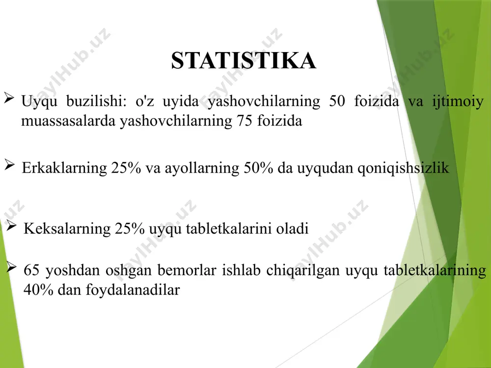 ga olib kelmasligi kerak. davolash bir stakan iliq sut yoki kefir; xonani ventilyatsiya qilish yoki yotishdan oldin yurish; "qulay" muhitni yaratish - shovqinni (siz quloqchalarni ishlatishingiz mumkin), yorqin nurni, haddan tashqari yumshoq yoki qattiq to'shakni, og'ir adyolni, yotoqxonadagi havodor va issiq muhitni, "bezovta" sherikni yo'q qiling. davolash ortopedik to'shak, yostiq; yumshoq, havodor adyol; choyshab, ko'rpa-to'shak va pijamalar tabiiy materiallardan tayyorlangan. davolash yotoqda 15-20 daqiqadan so'ng uxlay olmaganda yotoqxonadan boshqa o'qish xonasiga o'tish va yana uxlash kerak bo'lganda yotoqxonaga qaytish. ushbu manevrning maqsadi yotoqxonani uyqusizlik bilan emas, balki uyqu bilan bog'lashdir. davolash uyqusizlikni dori terapiyasi uchun ko'rsatmalar mavjudligi; kam samarali dozalarni tayinlash; optimal farmakokinetik xususiyatlarga ega dori tanlash; intervalent terapiya (haftasiga 2-3 marta); davolash dori vositalaridan qisqa muddatli foydalanish (3-4 hafta); uyqu tabletkalarini asta-sekin olib tashlash; davolash paytida va gipnozni to'xtatgandan keyin bemorlarni kuzatish. davolash iii avlod gipnozlari - siklopirolonlar (zolpidem, zopiklon, relakson); antidepressantlar (ssrilar, mianserin, mirtazapin, pirazidol). image1.png /docprops/thumbnail.jpeg