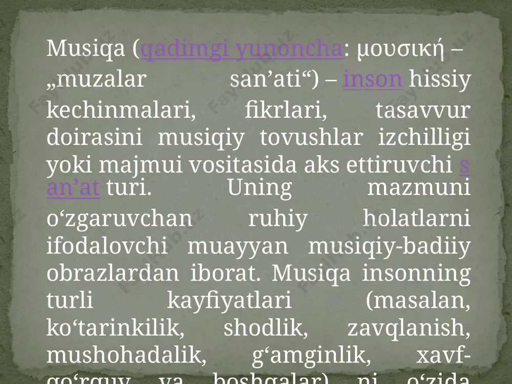 ot qilish jarayonlari) bilan mushtarakdir. musiqaning, ayniqsa, insonning axloqiy va estetik didini shakllantirish, hissiy tuygʻularini rivojlantirish, ijodiy qobiliyatlarini ragʻbatlantirish vositasi sifatida roli juda muhimdir. nutq, tovushli signal berish va boshqa tovushli—maʼnoli jarayonlar singari, musiqa ham muayyan maʼlumotlarni sadolar vositasida ifodalash imkoni-yatiga ega. jumladan, tovushlarning baland-pastligi, ingichka-yoʻgʻonligi, uzunqisqaligi, kuchliligi va boshqa vositalar yordamida odamning ichki holatini ifodalash imkoniyati jihatidan musiqa nutqqa (nutq intonatsiyalariga) oʻxshaydi. ammo, sanʼat turi sifatida musiqa fakat ungagina xos boʻlgan xususiyatlar (mas, badiiy-estetik maqsadlarni koʻzlashi, mazmun va shakl badiiy qiymat sifatida kasb etilishi, ayniqsa, musiqa tovushlarining muayyan musika tizimlarida tashkil etilishi) bilan nutkdan farq qiladi. har bir alohida olingan musiqa tovushi birlamchi ifodaviy imkoniyatga ega boʻlsada musiqa tovushlarining baland-pastlik munosabatlari lad tuzilmalarida, muvaqqat nisbatlari esa – musiqiy ritm va metrda oʻz aksini topadi. dunyoning aksariyat xalqlari musiqa madaniyati, jumladan, oʻzbek musiqa folklori, anʼanaviy musiqa va bastakorlik ijodiyotida lad asosini turli koʻrinishdagi diatonika tashkil etadi. kompozitorlik musiqada (ayniqsa, xx …