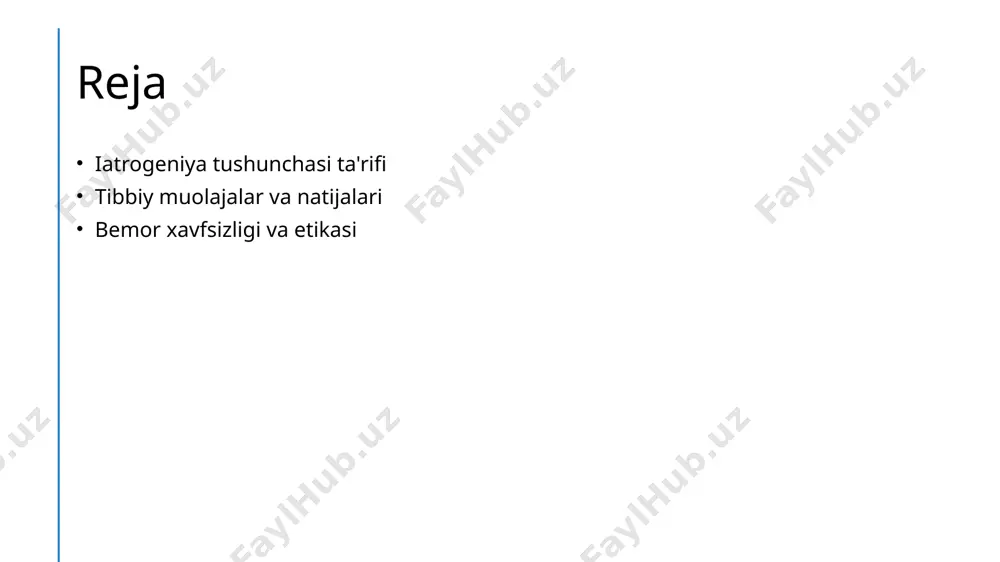 ko'riklarni amalga oshirish zarur. bu, shuningdek, sog'liqni saqlash mutaxassislari tomonidan muntazam monitoringni talab qiladi. 3 muammolarni bartaraf etish - muammolarni bartaraf etish uchun sifatli tibbiy xizmat ko'rsatish, shuningdek, bemorlarni ogoh qilish muhimdir. bemorlar va shifokorlar o'rtasidagi samarali muloqot xavflarni kamaytiradi. tibbiy muolajalar: foyda va zararlar o'rtasidagi muvozanat. 1 tibbiy muolajalarning ahamiyati tibbiy muolajalar bemorlarning sog'lig'ini yaxshilashda muhim rol o'ynaydi, ammo ular bilan bog'liq xavflar ham mavjud. har bir amaliyot ehtiyotkorlik bilan baholanishi lozim. 2 foyda va zararlar har bir tibbiy muolaja foydalari va zararlarini o'z ichiga oladi. foyda kasallikni davolashda ko'zga ko'rinadigan yaxshilanishlar bo'lsa, zarar esa noxush ta'sirlar bo'lishi mumkin. 3 muvozanatni saqlash tibbiy amaliyotlarda foyda va zararlar o'rtasidagi muvozanatni saqlash bemor xavfsizligini ta'minlash uchun juda muhimdir. bu, bemor va shifokor o'rtasida to'g'ri muloqotni talab qiladi. tibbiy jarayonlar va ularning bemorlarga ta'siri. 1 tibbiy jarayonlar tibbiy jarayonlar, bemorlarga xizmat ko'rsatish jarayonida qo'llaniladigan usullar va protseduralarni o'z ichiga oladi, bu esa …