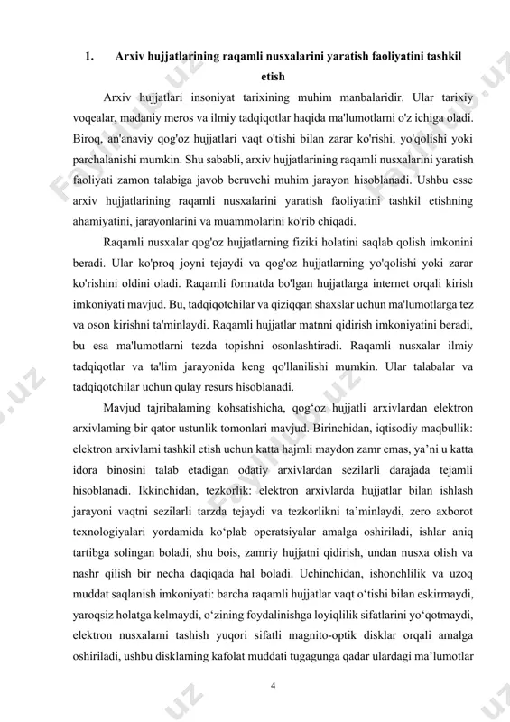 shuningdek, buyurtmachi bilan kelishilgan tartib-qoidalarida keltirilgan bo‘isa, xodimlar mahalliy yoki internet tarmog‘i orqali hujjatni qo‘lga kiritish imkoniyatiga ega boladilar. bundan tashqari, arxivni tizimli yuritish versiyalami yo‘q qilish imkoniyatisiz, hujjatga kiritilgan har bir o‘zratirishlardan so‘ng barcha oraliq versiyalami saqlashni o‘z ichiga oladi. elektron arxiv to‘satdan elektr tarmog‘i uzilishlari bo‘lgan vaqida ham ma’lumotlami tikiash imkoniyatiga ega. hozirgi davrda elektron hujjatlaming saqlanishini ta’minlovchi zamonaviy dasturlar ishlab chiqish yo‘lga qo‘yilgan. shunga ko‘ra, tashkilotlarda elektron formatdagi hujjatlami yaratish va yuritishda turli tuman dasturiy ta’minotlardan foydalaniladi. elektron formatdagi hujjatlar qoidaga ko‘ra, tashkilot tugatilgunga yoki vazifalari o‘xshash boshqa tashkilotga o‘tkazilgunga qadar ish yuritishda tugallanmaydi. elektron arxivni tashkil qilishda huquq va majburiyatlardan kelib chiqib, uning xususiyatlarini e’tiborga olish muhim sanaladi. elektron arxiv quyidagi asosiy huquqlarga ega hisoblanadi: tashkilotda elektron hujjatlar bilan ishlash bo‘yicha ishlab chiqilgan qoidalaming bajarilishi nazoratini amalga oshirish; yuqori tashkilot tarkibiy tuzilmalaridan elektron arxiv faoliyati uchun kerakli bo‘lgan metama’lumotlami so‘rab olish; elektron hujjatli boshqamv ta’minotining avtomatlashtirilgan …