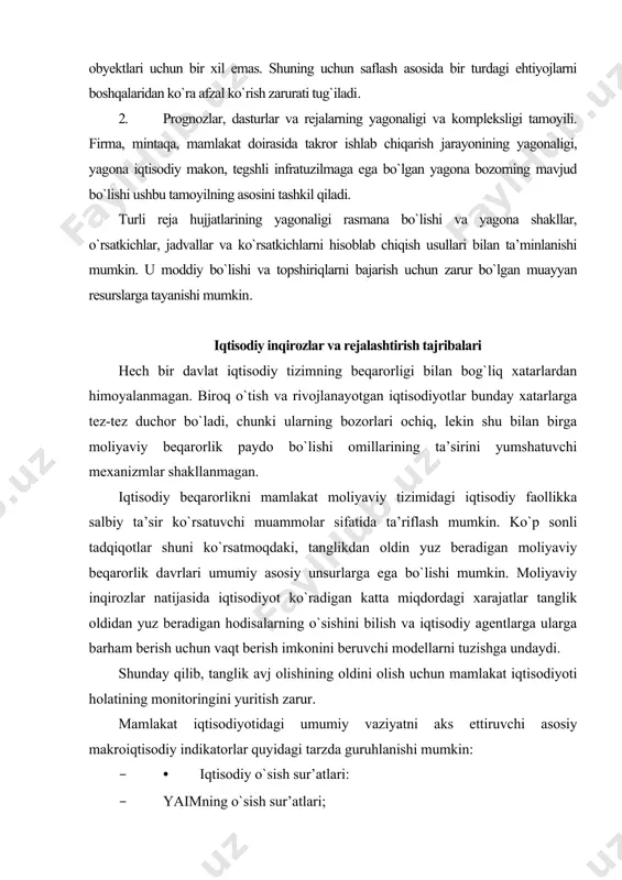 n yuz beradigan moliyaviy beqarorlik davrlari umumiy asosiy unsurlarga ega bo`lishi mumkin. moliyaviy inqirozlar natijasida iqtisodiyot ko`radigan katta miqdordagi xarajatlar tanglik oldidan yuz beradigan hodisalarning o`sishini bilish va iqtisodiy agentlarga ularga barham berish uchun vaqt berish imkonini beruvchi modellarni tuzishga undaydi. shunday qilib, tanglik avj olishining oldini olish uchun mamlakat iqtisodiyoti holatining monitoringini yuritish zarur. mamlakat iqtisodiyotidagi umumiy vaziyatni aks ettiruvchi asosiy makroiqtisodiy indikatorlar quyidagi tarzda guruhlanishi mumkin: · • iqtisodiy o`sish sur’atlari: · yaimning o`sish sur’atlari; sanoat ishlab chiqarish dinamikasi. • to`lov balansi: · joriy hisobvaraq saldosi; · oltin-valyuta zahiralari; · tashqi qarz; · savdo shartlari (eksport narxlari); · import va eksport; · real samarali kurs; · sarmoyaning oqib chiqishi. • foiz stavkalari: · real foiz stavkasi; · ichki foiz stavkasi bilan libor stavkasi o`rtasidagi farq; · kreditlar bo`yicha stavkalarning depozitlar bo`yicha stavkalarga nisbati. • pul indikatorlari: · ips; · real ifodadagi ichki kredit dinamikasi; · pul multiplikatori; · …
