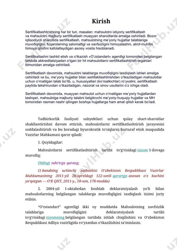 amda majburiy tartibda sertifikatlanadigan bir turdagi mahsulotlarning har bir turini ularda sertifikatlashtirishning tegishli normativ hujjatlarda belgilangan xavfsizlik ko‘rsatkichlari ko‘rsatilgan qoidalarining o‘zbekiston respublikasi adliya vazirligida ro‘yxatdan o‘tkazilishini; majburiy tartibda sertifikatlanadigan mahsulotlarning nomenklatura ro‘yxati, ularning sifatini va xavfsizligini belgilovchi normativ hujjatlarni ko‘rsatgan holda, nashr etilishini hamda bojxona, soliq va akkreditatsiya qilingan organlarga jo‘natilishini ta’minlasin. 7. o‘zbekiston tovar ishlab chiqaruvchilar va tadbirkorlar palatasi huzuridagi “ean uzbekistan” mas’uliyati cheklangan jamiyatni “ean uzbekistan” uyushmasiga aylantirish maqsadga muvofiq deb hisoblansin. o‘zbekiston tovar ishlab chiqaruvchilar va tadbirkorlar palatasi ikki oy muddatda ushbu bandning bajarilishini ta’minlasin. 8. “o‘zstandart” agentligi, o‘zbekiston tovar ishlab chiqaruvchilar va tadbirkorlar palatasi, o‘zbekiston teleradiokompaniyasi, o‘zbekiston matbuot va axborot agentligi boshqa manfaatdor vazirliklar va idoralar, qoraqalpog‘iston respublikasi vazirlar kengashi, viloyatlar va toshkent shahar hokimliklari bilan birgalikda sertifikatlashtirish sohasidagi barcha normativ-huquqiy hujjatlarni respublikadagi barcha tadbirkorlarga, shu jumladan internet orqali yetkazish bo‘yicha chora-tadbirlar kompleksini ishlab chiqsinlar va amalga oshirsinlar. 9. quyidagilar: vazirlar mahkamasining “sertifikatlashtirilishi shart bo‘lgan mahsulotlar …