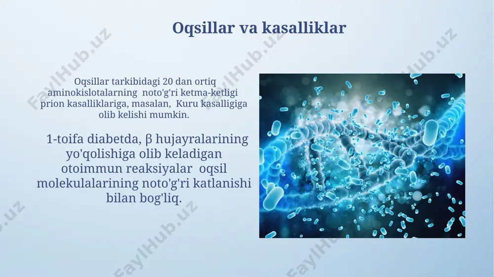ologik faolligini ta'minlaydi, bu esa turli xil hujayra jarayonlarini tartibga solishga imkon beradi. odam organizmida minglab turli peptidlar mavjud bo'lib, ularning har biri o'ziga xos biologik faollikka ega va hujayralararo aloqa, oqsil sintezi va immun tizimining faoliyatida qatnashadi. oqsillarning asosiy turlari va ularning vazifalari oqsillar 20 ga yaqin aminokislotalardan tashkil topgan bo'lib, ularning ketma-ketligi va fazoviy tuzilishi ularning funksiyasini aniqlaydi. masalan, fermentlar katalitik, strukturaviy oqsillar esa qo'llab-quvvatlovchi vazifalarni bajaradi. transport oqsillari (masalan, gemoglobin) kislorod va boshqa moddalarni organizm bo'ylab tashishda ishtirok etadi, ularning 3d tuzilishi bu funksiya uchun muhim ahamiyatga ega. oqsillar: tuzilishi va funksiyalari oqsillar fermentlar, gormonlar va antitellar kabi turli xil biologik funksiyalarni bajarishda muhim rol oʻynaydi, bu esa organizmning normal ishlashi uchun zarurdir. oqsil molekulalarining oʻziga xos uch oʻlchovli tuzilishi, ya'ni ularning sekundar, tersier va kvarter tuzilmalari, ularning funksiyasi uchun juda muhimdir. peptidlarning immunitet tizimidagi roli ba'zi peptidlar, ayniqsa, 8-10 aminokislotadan tashkil topganlar, kuchli immunomodulyatorlar bo'lib, yallig'lanishni …