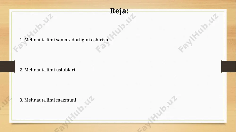 ot sohasida mutaxassislar tayyorlashga xizmat qiladi. amaliy mashg'ulotlar turlari qishloq xoʻjaligi sohasida 15 ga yaqin fermer xoʻjaliklarida 3 oy davom etadigan amaliy mashgʻulotlar oʻtkaziladi, bu yerda 2 ta guruhga boʻlingan 30 talaba oʻquv jarayonida ishtirok etadi. amaliy mashgʻulotlarning 3 turi mavjud: 1) toshkent shahridagi zavodlarda oʻtkaziladigan amaliy ishlar, 2) 50 ga yaqin ishchi bilan oʻtkaziladigan simulyatsiya oʻyinlari, 3) 20 dan ortiq namunalarni oʻrganish orqali malaka oshirish. mehnat ta'limi va kasb-hunarga yo'naltirish samarqand viloyatida 2023-yil uchun mehnat ta'limi va kasb-hunarga yo'naltirishga 10 million so'mdan ortiq mablag' ajratilgan bo'lib, bu dasturlarni kengaytirishga xizmat qiladi. toshkent shahridagi "hunarmand" markazida 30 dan ortiq turdagi kasb-hunar bo'yicha o'qitish dasturlari mavjud bo'lib, ularning 10 tasi zamonaviy texnologiyalarni o'z ichiga oladi. mehnat ta'limi uslublari mehnat ta'limi samarqanddagi 5-maktabda amaliy mashg'ulotlar orqali, 10-sinf o'quvchilariga 20 ta turli kasb-hunarlar bo'yicha boshlang'ich bilimlarni beradi. toshkent shahridagi 7-kasb-hunar kolleji mehnat ta'limi jarayonida 15 ta zamonaviy texnologiyalarni qo'llaydi, shu jumladan 3d printer …