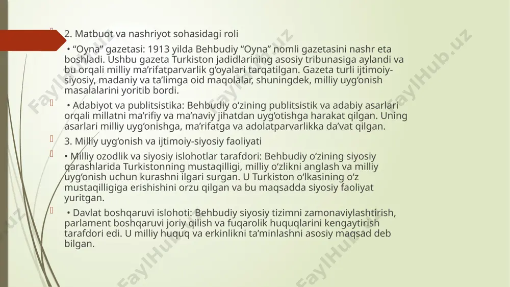 lar • yangi usul maktablarini tashkil etish: munavvarqori jadidchilik harakatida ta’lim tizimini isloh qilishni asosiy vazifa deb bilgan. u 1901 yilda toshkentda o‘z mablag‘i hisobidan birinchi yangi usul maktabini ochdi. ushbu maktablar orqali zamonaviy ta’lim berish, diniy bilimlar bilan birga dunyoviy fanlarni o‘rgatish kiritildi. uning sa’y-harakatlari tufayli yangi usul maktablari keng tarqaldi va o‘lkaning ta’lim tizimida muhim yangiliklarga yo‘l ochildi. • o‘quv dasturlari va uslubiy qo‘llanmalar tayyorlash: munavvarqori o‘quv dasturlarini ishlab chiqishda faol ishtirok etgan va maktablar uchun yangi o‘quv qo‘llanmalarini yozgan. bu qo‘llanmalar turkiston xalqining dunyoviy bilimlarni o‘zlashtirishiga katta yordam berdi. 2. adabiyot va matbuot sohasidagi faoliyati • matbuot va noshirlik faoliyati: munavvarqori jadidlarning yetakchi vakili sifatida xalqni ma’rifatli qilishda matbuotning o‘rnini yaxshi tushungan. 1906 yilda u “xurshid” nomli gazetasini chiqara boshladi, bu turkistonning eng birinchi o‘zbek tilidagi matbuot organi hisoblanadi. u shuningdek, “najot” gazetasi orqali ham millatni o‘z taqdirini anglashga chaqirgan. • adabiy va ilmiy asarlar yozish: munavvarqori …
