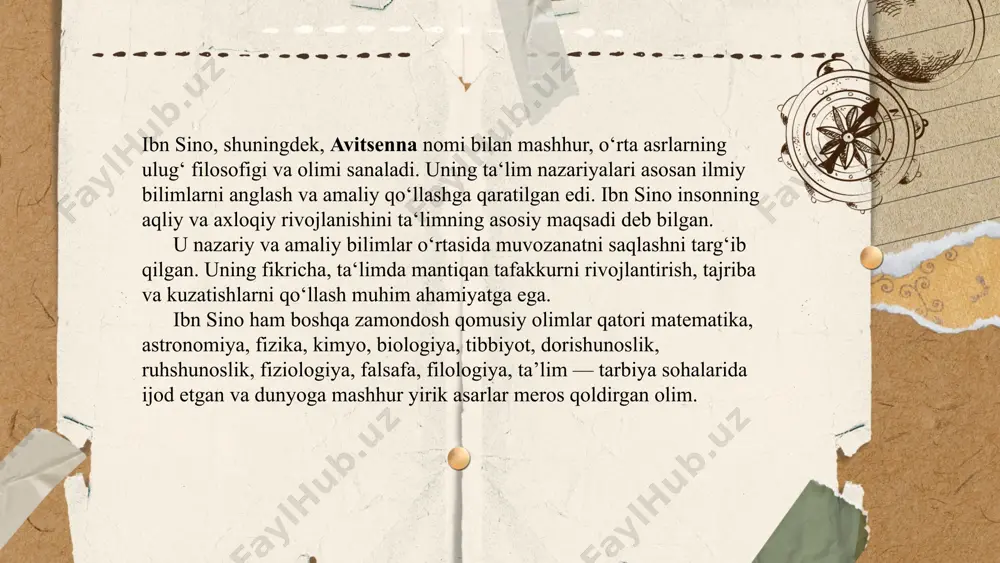 atuvchi kuch sifatida ta’rif beradi. ... t.me/slaydai_bot talabaga bilim berish o‘qituvchining mas’uliyatli burchidir. shunga ko‘ra, ibn sino o‘qituvchining qanday bo‘lishi kerakligi haqida fikr yuritar ekan, shunday yo‘l-yo‘riqlar beradi. bular quyidagilar; - bolalar bilan muomalada bosiq, jiddiy bo‘lish; - berilayotgan bilimning talabalar qanday o‘zlashtirib olayotganiga e’tibor berishi; - ta’limda turli metod va shakllardan foydalanishi; - talabalaning xotirasi, bilimlarni egallash qobiliyati, shaxsiy xususiyatlarini bilishi; - fanga qiziqtira olishi; - bilimlarni talabalarga tushunarli, uning yoshi, aqliy darajasiga mos ravishda berishi; ... t.me/slaydai_bot ibn sino ta’limotida bilishda qaysi metodlardan foydalanilmasin u og‘zaki ifodami, bilimlarni tushuntirishmi, turli ko‘rinishdagi suhbatmi, tajribalarmi, baribir talabada haqiqiy bilim hosil qilish mustaqil, mantiqiy fikrlash qobiliyatini rivojlantirish, olgan bilimlarini amaliyotga tadbiq eta olish qobiliyatini tarkib toptirish asosiy maqsad bo‘lgan. shu jihatdan olimning “hay ibn yaqzon” asari kishilarning did — farosatini o‘stirishi, fikr doirasini kengaytirishi bilan ta’lim - tarbiyada katta ahamiyatga ega. uning nomi ham shunga ishora qiladi: “hay ibn yaqzon” (uyg‘oq …