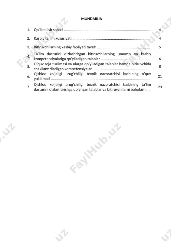 uhlarda tanlangan kvalifikatsiyalar sonidan kelib chiqib o‘qish muddati belgilanadi. bu guruhlarda kasb doirasida beriladigan kvalifikatsiyalardan birortasini muvaffaqqiyatli o‘zlashtirgan shaxslarga belgilangan namunadagi diplom beriladi va mehnat bozorida ishlash huquqi beriladi. egallanmagan kvalifikatsiyalarni qayta o‘zlashtirishga ruxsat beriladi va mazkur kvalifikatsiyani muvaffaqiyatli o‘zlashtirganlarga belgilangan tartibda sertifikat beriladi. 2.2. ruhiy-fiziologik fazilatlar minimumi: kuzatuvchanlik, diqqatni bir joyga qaratish, fikrni jamlash, har tomonlama tez fikrlash va faraz qilish, sezish, faol va tez xotirlash, harakat xotirasi va moslashuvchanlik. 2.3. ta’limni davom ettirish imkoniyatlari. 30810502–qishloq xo‘jaligi urug‘chiligi texnik nazoratchisi kasbi bitiruvchisi keyinchalik kasbiy ta’limini chuqurlashtirish maqsadida: · kadrlar malakasini oshirish tizimida, tarmoq o‘quv muassasalarida va maxsus kurslarida malakani oshirishi; · kasbiy faoliyatning tegishli sohasida yanada yuqoriroq malakaga erish maqsadida oliy ta’lim muassasasida o‘qishni davom ettirishi mumkin. 2.4. o‘qishga qabul shartlari. o‘qishga qabul shartlari amaldagi qonunchilik asosida amalga oshiriladi. 3. bitiruvchilarning kasbiy faoliyati tavsifi 3.1. bitiruvchining kasbiy faoliyat sohasi: qishloq xo‘jalik ekinlari klasterlarida donli ekinlar urug‘lari sifat ko‘rsatkichlarini aniqlash, …