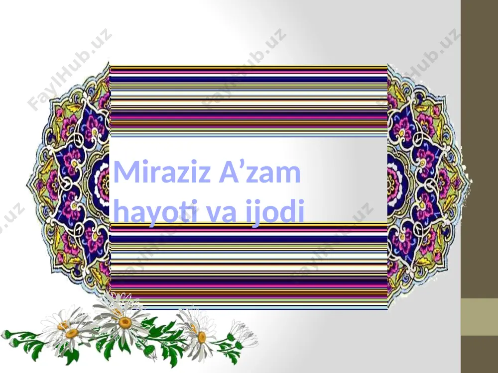 ishib, ichirib, yedirib, aylanishib boshida turdilar. sog’ayishning chorasini ko‘rdilar, ko‘rdilar... va-vaq, va-vaq, vit-bil-diq. va-vaq, va-vaq, vit-bil-diq. adib kattalar uchun ham bir qator salmoqli she’riy guldastalar yaratgan. jumladan, «sevaman» 1977), «tuyg’ular» (1980), «sabot» (1983) kabi to’plamlaridagi ko’pchilik she’rlar o’zining hayotiy va jozibaliligi bilan o’quvchi qalbini zabt etadi.shoir ana shu she’riy to’plamlaridagi eng yaxshi she’rlarini va yangi yozilgan asarlari sarasini o’zining «haqiqatning ko’zlari» (1988) saylanmasiga jamlab, talabchan o’quvchisiga havola etdi. xayol surish kun qisqa qanday qilib kun chiqadi, deb о ‘ylayman, tun cho‘zilsa, nega tun cho‘zildi, deb о ‘ylayman. uni хayоl qilaman, buni хayоl qilaman o’ylayman,bari bir, о‘ylayman adib mohir tarjimon, adabiyot va madaniyatning hormas targibotchisi ham. uning turk, rus, nemis adiblaridan qilgan tarjimalari, ayniqsa, islom madaniyatiga oid tarjimalari ko’pchilik mutaxassis va oddiy o’quvchi ixlosini orttirdi. bugun 77 yoshga to’lgan miraziz a`zamning keyingi ijodi ham sermahsul, serfayz bo’lishiga ishonsa bo’ladi. мерос отам кетганига уч бола эдик, онам 24 ёшида қолди, шубҳасиз, қпровсиз …