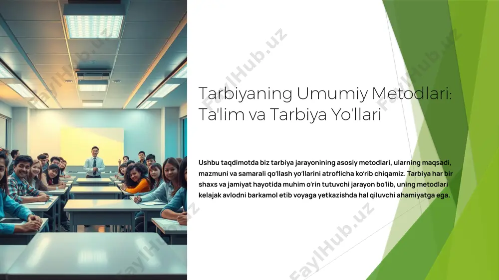 asululloh (s.a.v.) va sahobalarning hayotidan oʻrnak olish muhim ahamiyatga ega, chunki ular insoniyatga eng yorqin axloqiy namunalarni koʻrsatib berishgan. "eng yaxshi tarbiya - bu namuna orqali berilgan tarbiya." 8 ragʻbatlantirish va jazolash metodlari ragʻbatlantirish va jazolash tarbiyada ikkita muhim metod boʻlib, ular tarbiyalanuvchining xulq-atvorini tartibga solishga yordam beradi. ularni muvozanatda va oʻrinli qoʻllash tarbiyaning samaradorligini oshiradi. ragʻbatlantirish maqtov: ogʻzaki yoki yozma eʼtirof. mukofot: sovgʻa, medal yoki boshqa moddiy ragʻbat. eʼtirof etish: jamoa yoki ommaviy axborot vositalari orqali xizmatlarni qadrlash. ragʻbatlantirish tarbiyalanuvchida oʻziga ishonch, motivatsiya va yaxshi ishlar qilishga intilishni kuchaytiradi. bu ijobiy mustahkamlashdir. jazolash tanbeh: ogʻzaki yoki yozma ogohlantirish. ogohlantirish: notoʻgʻri xulq-atvorning oqibatlari haqida tushuntirish. zarur holatda jazo: xulq-atvorga mos, adolatli va tarbiyaviy ahamiyatga ega chora. jazo tarbiyalanuvchiga xatolarini anglashga va ularni tuzatishga yordam beradi. ammo jazo shafqatsiz boʻlmasligi va shaxsiyatni kamsitmasligi kerak. 9 tarbiya vositalari va usullari tarbiyaning samarali boʻlishi uchun turli vositalar va usullarni birgalikda qoʻllash zarur. bu …