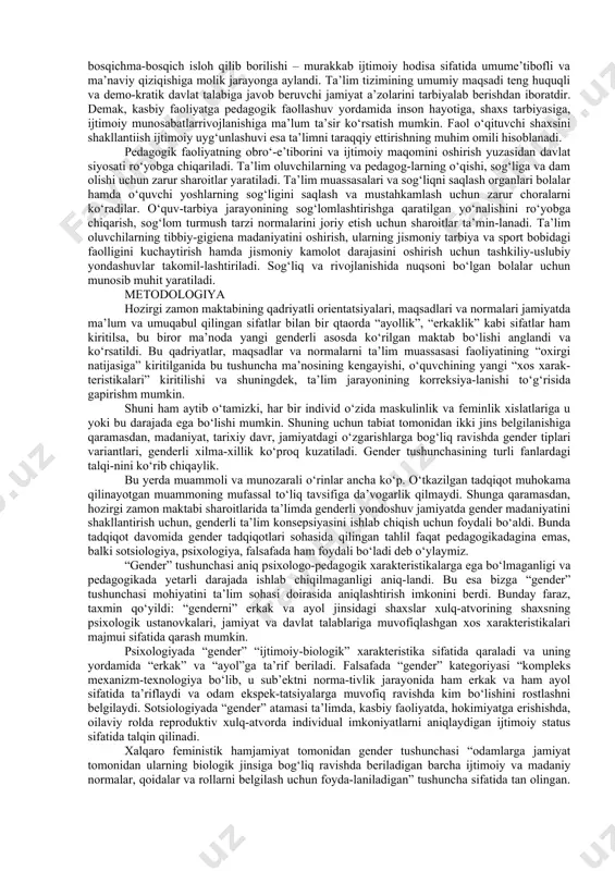 hayotdagi fundamental inson huquqlarining ta’minlanishiga erishish hisoblanadi. “mamlakatda barcha sohalarda ayol va erkak-larning teng huquq va imkoniyatlaridan foyda-lanishiga harakat qilinmoqda. yaqinda bo‘lib o‘tgan saylovlar misolida ham buni ko‘rish mumkin. hozirda o‘zbekiston sog‘liqni saqlash va ta’lim sohasida gender tengligiga erishdi. boshqa yo‘nalishlarda ham shu natijaga erishish uchun mazkur strategiya yordam beradi”. strategiyada 9ta maqsad qamrab olingan: – ijtimoiy-siyosiy hayotda erkak va ayollarning ishtirok etishida teng imko-niyat va huquqlarni yaratish; – ayol va erkaklarning iqtisodiyot, bandlik va mehnat migrantlari huquq-larini himoya qilishda gender tengligini ta’minlash; – butun hayot davomida barcha uchun adolatli va sifatli ta’limni ta’minlash; – barcha xotin-qizlar uchun gender tengligini ta’minlash, zo‘ravonlikdan himoyalash, odam savdosiga chek qo‘yish; – barcha erkak va ayollar uchun ijtimoiy himoya, sog‘lom turmush tarzini ta’minlash; – milliy gender statistikasini rivojlantirish; – rejalashtirish va byudjetlashtirishda gender masalasini inobatga olish; – oavda gender muammolarining keng yoritilishini ta’minlash; – barcha uchun xavfsiz ekologik muhitni ta’minlash masalalariga xotin-qiz-larni jalb qilish. …