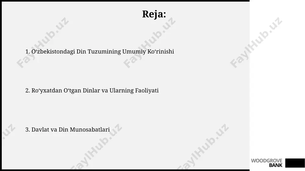 oʻzbekistonda hanafiy mazhabi oʻzbekistondagi musulmonlar orasida eng keng tarqalgan mazhab boʻlib, uning ta'siri diniy amaliyot va huquqiy tizimga sezilarli darajada ta'sir koʻrsatadi. islom dini oʻzbekistonda musulmonlarning taxminan 90 foizini tashkil etadi va mamlakatda 2000 dan ortiq masjid mavjud. woodgrove bank e'tiboringiz uchun rahmat @taqdimot_robot woodgrove bank image1.jpg image2.jpg image3.jpg image4.jpg image5.jpg