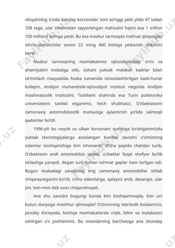 . 2006-2012-yillarda andijonda poyafzal ishlab chiqarish 8,6 barobar, charm-galantereya buyumlari 11 barobar, mebel mahsulotlari ishlab chiqarish 13 barobar o‘sgani ham viloyat iqtisodiyotida amalga oshirilayotgan tub islohotlar samarasidir. viloyatda o‘tgan yetti yilda 224,5 million dollarga yaqin chet el investitsiyasi, jumladan, 174 million 200 ming dollarlik to‘g‘ridan-to‘g‘ri xorijiy investitsiya o‘zlashtirildi. hozirgi vaqtda bu yerda chet el investitsiyasi ishtirokidagi 86 ta korxona faoliyat ko‘rsatmoqda. yalpi sanoat mahsulotining qariyb 79 foizi, jami eksport hajmining esa salkam 89 foizi ana shu korxonalar hissasiga to‘g‘ri kelmoqda. viloyatda eksport tarkibi ham keskin o‘zgarib, qayta ishlangan va tayyor mahsulotlar ulushi 87 foizdan 95 foizga ortgani ayniqsa muhim ahamiyatga ega. albatta, yangi yutuqlar, qo‘lga kiritilgan marralar bilan birga, yo‘l qo‘yilgan kamchiliklar, ishga solinmagan ko‘pgina imkoniyatlar, barchamizni hali-beri tashvishga solayotgan muammolar borligini hech kim inkor etolmaydi. shu nuqtai nazardan qaraganda, viloyat sanoatini rivojlantirishda bir qator muammolar, nomutanosiblik holatlari ko‘zga tashlanayotganini ochiq aytish kerak. masalan, ishlab chiqarilayotgan sanoat mahsulotlarining 92 foizi …