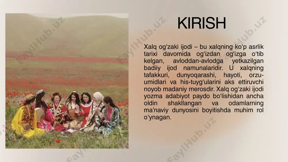 aqollar xalq donoligini aks ettiradi. ular qisqa, mazmunli va hayotiy tajribadan kelib chiqadi. masalan, “mehnat qilsang, to‘q bo‘lasan”, “yaxshilik qil, daryoga tashla”. matallar esa ibratli hikoyachalar bo‘lib, biror hayotiy haqiqatni tasvirlaydi. topishmoqlar, afsona va rivoyatlar topishmoqlar – xalq og‘zaki ijodining o‘yin-tomosha shakli bo‘lib, odamlarni tafakkur qilishga o‘rgatadi. masalan: “oltin qozonim bor, ichida qora sho‘rim bor” (javob: ko‘z). afsonalar qadimiy xalq tasavvurlaridan kelib chiqqan bo‘lib, olamning yaratilishi, tarixiy shaxslar yoki voqealar haqida hikoya qiladi. masalan, "ko‘kaldosh madrasasi afsonasi", "toshkent hosilasi". rivoyatlar esa tarixiy voqealar va shaxslar haqidagi tasavvurlarga asoslangan bo‘lib, ularda haqiqat va uydirma aralashib ketgan bo‘ladi. xulosa xalq og‘zaki ijodi xalq ma’naviyati va madaniyatining ajralmas qismi bo‘lib, unda millatning ruhi va hayoti aks etadi. bugungi kunda ham u adabiyot, san’at va pedagogika sohalarida muhim manba bo‘lib xizmat qilmoqda. shu sababli, biz xalq og‘zaki ijodini o‘rganish va avlodlarga yetkazishimiz lozim. e'tiboringiz uchun raxmat image1.jpeg image2.png image3.png image4.svg image5.jpeg image6.jpeg image7.jpeg image8.png …