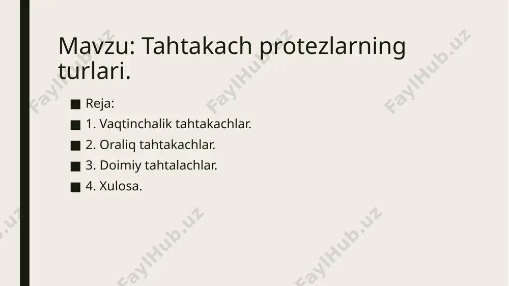 ordam beradi. oraliq protezlar stomatologiyada quyidagi holatlarda qo’llaniladi: 1. doimiy protez tayyorlanish jarayonida: agar bemor tishlarini almashtirish yoki restoratsiya qilish uchun ko’prik, koronka yoki implantlar qo’yilishini kutayotgan bo’lsa, oraliq protezlar vaqtincha muqobillar sifatida ishlatiladi. ular bemorga vaqtincha estetik va funksional qulaylik beradi. 2. tishlar olib tashlanayotganida: oraliq protezlar, tishlar olingan yoki ildizlar olib tashlangan bemorlarga vaqtincha yordam berish uchun qo’llaniladi, shu bilan birga bemorning og’zidagi bo’shliqni yopib, normal funksiyalarni davom ettirish imkonini yaratadi. 3. tishlar oraliq davrida o’zgartirilayotganida: masalan, bemor ortodontik davolanish olib borayotgan bo’lsa, oraliq protezlar oraliq fazada tishlarni joylashtirish va tashqi ko’rinishni yaxshilash uchun ishlatiladi. oraliq protezlarning xususiyatlari: • vaqtinchalik va estetik: ular bemorning tashqi ko’rinishini yaxshilash va og’zidagi tishlar orasidagi bo’shliqlarni yopish uchun ishlatiladi. oraliq protezlar ko’pincha turli xil rang va shakllarda bo’ladi, shuning uchun ular tabiiy tishlarga yaqin ko’rinadi. • funksional: ular og’izda normal chekish, so’zlashish va ovqatlanishni ta’minlashga yordam beradi. • qisqa muddatli foydalanish: oraliq …