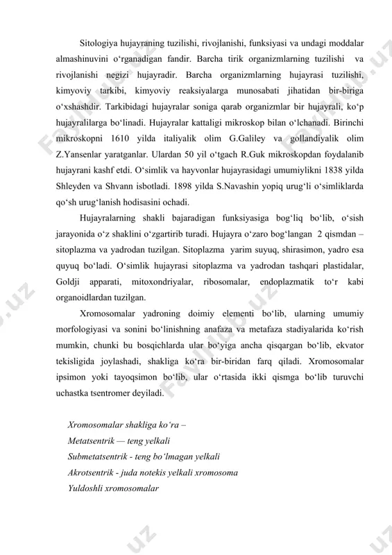 osomalar xromosomalar yig‘indisining soni doimiy bo‘ladi. somatik hujayralardagi xromosomalar yig‘indisi kariotip deyiladi. somatik hujayrada jinsiy hujayraga nisbatan xromosomalar soni 2 barobar ko‘p bo‘ladi. bu xromosomalar juft, ya’ni diploid deb ataladi va 2 n bilan ifodalanadi. jinsiy hujayradagi xromosomalar toq bo‘lib gaploid deyiladi. diploid sondagi xromosomalar ota va ona organizmlarning gaploid sondagi xromosomalarning qo‘shilishi natijasida gomologik xromosomalardan yuzaga keladi. bu xromosomalar tashqi jihatdan bir-biridan farq qilmaydi. dnk va rnk ning tuzilishi va sintezi. nuklein kislotalar barcha tirik organizmlarning hujayralarida bo‘lib elementar zarrachalar- nukleotidlardan tuzilgan. nuklein kislota degani lotincha «nukleuc», ya’ni yadro demakdir. birinchi marta yadrodan topilgan. nuklein kislotalar 2 xil bo‘ladi: dnk — yadrodagi xromosomalar tarkibida rnk - yadroda ham sitoplazmada ham uchraydi. umuman nuklein kislotalar hujayrada oqsillar sintezlanishini amalga oshiradi. dnk—organizmdagi belgi va xususiyatlarni keyingi avlodga beradi. dnk biologik polimer bo‘lib molekulyar og‘irligi 5-7, ba’zan 10-16 mln.ga teng bo‘ladi. u o‘zaro bog‘langan juda ko‘p nukleotidlardan tashkil topgan bo‘lib, 2 ta …