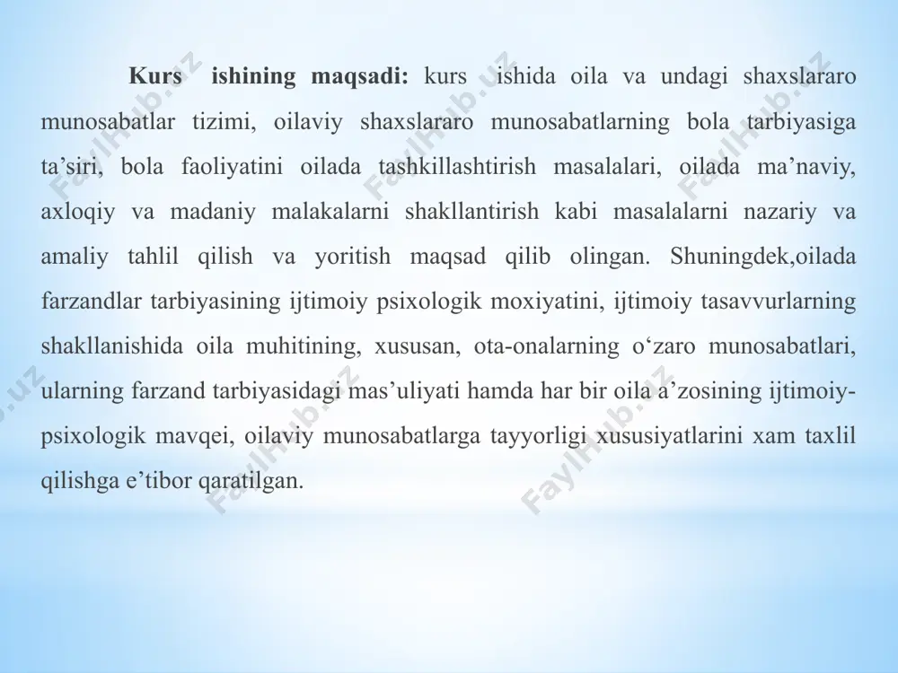 riy qilib ko‘rish lozim. bolalar ijodini, iqtidorini yuzaga chiqarish va yanada qo‘llab-quvvatlash uchun doimo shart-sharoitlar yaratib berishimiz zarur. 3. oilada bola tarbiyasini tashkil etish usullari va ularning amaliy taxlili. har bir inson kelajakda o’z mavqeyiga ega bo’lishni, jamiyatda o’zining o’rnini topib, kamol topish uchun tinimsiz harakat qiladi. aslida esa u o’zining bu xatti-harakatlarining barchasini uyida oila deb atalmish muqaddas dargohda uni hamisha intiqlik bilan kutib, dadajon yoki oyijon deb kutib oladigan jonidan aziz farzandi har kuni ertalab turib, qo’llarini duoga ochib kuzatadigan va kutadigan ota-onasi va hamisha og’ir damlarida qo’llab-quvvatlab, shodon kunlarida u bilan birgalikda quvongan umr yo’ldoshi, ishdan va muammolaridan charchagan vaqtda beg’ubor tabbasumi-yu, shirin so’zlari bilan ko’nglini tog’dek ko’taradigon farzandlari uchundir. dunyoda har bir ota-ona faqat farzandining kamolini, baxt-u iqbolini ko’rishni xohlaydi.oila jamiyatning asosiy kichik bo’g’inidir. go’yoki, bu kichik bo’g’in ya’ni oila mustahkam va barqaror ekan jamiyat barqarordir. jamiyatning kichik bo’g’ini bo’lmish oilani barqarorligini saqlash uchun barcha mamlakatlarda …