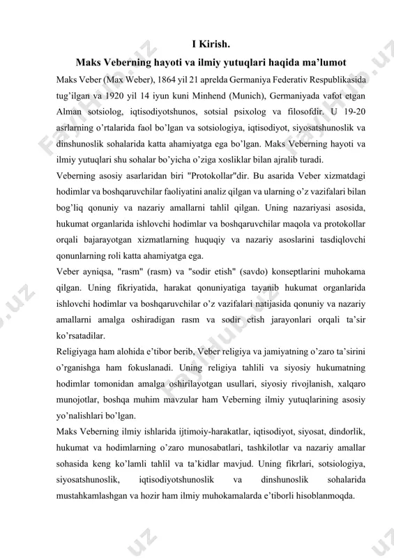 avzularni o’z ichiga oladi. 4. dinshunoslik: veber dindorlik va dinning jamiyatga o’zaro ta’sirini ham o’rganishga e’tibor berdi. uning "dindorlik sotsiologiyasi" nomli asari, dindorlikning o’zgarishlari va dinning insonlarga qanday ta’sir ko’rsatishi mavzularini muhokama qiladi. veberga qaraganda, dindorlik jamiyati sifatida dindorlikning insonlar va jamiyat ustida o’zgaruvchan ta’sirini o’rganish juda muhimdir. maks veberning yutuqlari va fikrlari sotsiologiya, iqtisodiyotshunoslik, siyosatshunoslik va dinshunoslik sohalarida keng qo’llanilgan va hozir ham ularning o’ziga xos ahamiyati saqlanmoqda. uning ilmiy yutuqlari, hodimlar, tashkilotlar va jamiyatning o’zaro munosabatlarini o’rganishda katta ta’sir qo’lga kiritgan. maks veberning hayoti davomida uning sotsiologik, iqtisodiyotshunoslik, siyosatshunoslik va dinshunoslik sohalaridagi faoliyati va yutuqlari katta ahamiyatga ega bo’ldi. davom etish uchun quyidagi ma’lumotlarni keltirib o’tiramiz: 5. sotsial stratifikatsiya: veberning "ijtimoiy tabaqalash" konseptsiyasi sotsiologiya sohasida muhim o’rin egallaydi. uning asarlarida ijtimoiy tabaqalashning asosiy ko’rsatkichlari, tabaqalarning o’rnatilishi va ularning samaradorlikga o’z ta’siri kabi mavzular keng ko’zga tashlandi. 6. byurokratiya: veber byurokratiyaning jamiyat va hukumat tizimlarida o’zgaruvchan o’rinini tahlil qildi. …