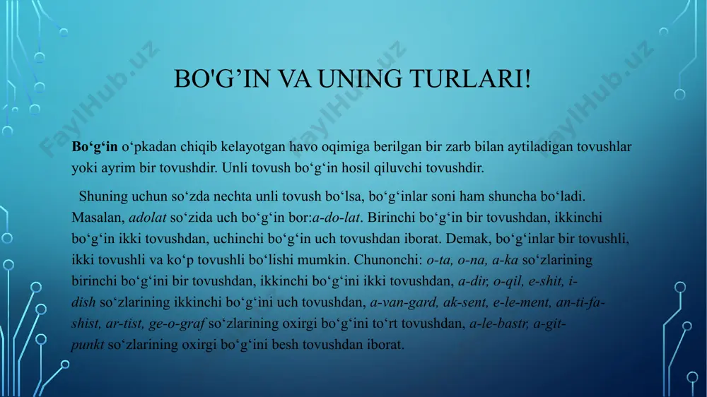 o’g’inlardan birining, ayniqsa, unli tovushning kuchli zarb bilan talaffuz qilishga asoslanadi. o’zbek tili urg’usi dinamik urg’u hisoblanadi. ya’ni so’z tarkibidagi urg’uli bo’g’in zarb bilan aytiladi. b) kvantativ urg’u – urg’uli bo’g’indagi unlining cho’ziq talaffuz qilinishi bilan xarakterlanadi. v) tonik (musiqiy) urg’u. bunday urg’u tovush tonining ko’tarilish va tushish ohangiga bog’liq bo’ladi. xitoy, yapon, serb tillarida musiqiy urg’u ishlatiladi. 2) tushish o’rniga ko’ra: bog’langan va erkin urg’u. bog’langan urg’u doim so’zning biror bo’g’iniga tushadi. masalan, turkiy tillarda – oxirgi bo’g’inga, venger va chex tillarida – birinchi bo’g’inga tushadi. erkin urg’u – so’zdagi turli bo’g’inlarga tushadi, rus tili urg’usi bunga misol bo’ladi. erkin urg’uli tillarda urg’uning o’rni so’z ma’nolarini farqlash funksiyasini ham bajaradi: zamők (qulf) va zámok (qal’a, saroy). o’zbek tili bog’langan urg’uga ega bo’lsada, ba’zan shunday holatlar uchraydi: 1) o’z so’z va o’zlashma omonim bo’lsa, atlás – átlas; 2) sifatlar ravishga ko’chganda: yangi (uy) – yangi (kelib-ketdi). erkin urg’uga xos yana …