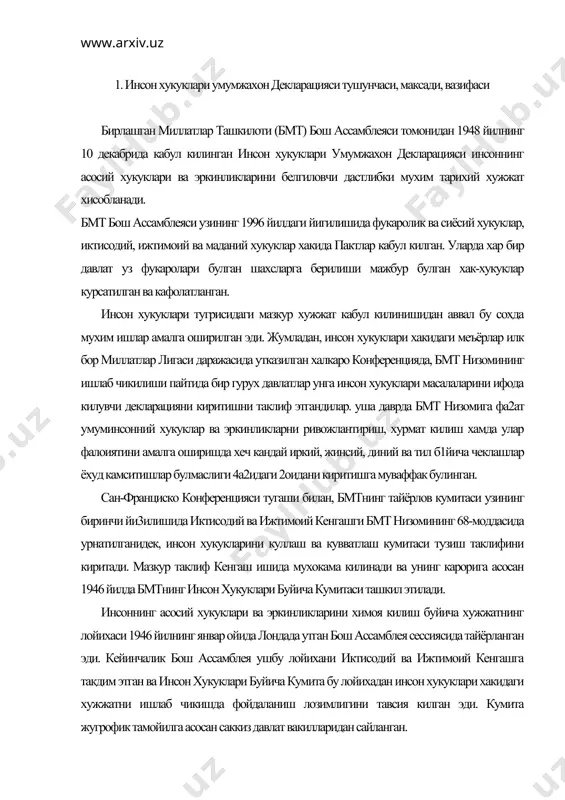 эди. кейинчалик бош ассамблея ушбу лойихани иктисодий ва ижтимоий кенгашга такдим этган ва инсон хукуклари буйича кумита бу лойихадан инсон хукуклари хакидаги хужжатни ишлаб чикишда фойдаланиш лозимлигини тавсия килган эди. кумита жугрофик тамойилга асосан саккиз давлат вакилларидан сайланган. инсон хукуки хакидаги халкаро хужжат кенг камровли булгани учун комиссия 1947 йилнинг охирида декларация буйича, пакт буйича ва уни ишлатиш буйича ишчи гурухини тузган эди. комиссия 1948 йил 24 майдан 15 июнгача утган сессияда вакилларнинг таклифларини инобатга олган холда декларация лойихасини куриб чикди. пакт буйича ва уни ишлатиш буйича лойихалар матни унинг бажаралиши таъминланишига бмтнинг 1948 йил 10 декабрда парижда утган бош ассамблея сессиясида мухокама этилди ва кабул килинди. бмт томонидан тайёрланган ва халкаро муносабатлар сохасида биринчи хужжат хисобланган инсон хукуклари умумжахон декларацияси шу асосда вужудга келди. бмтнинг бош ассамблея 1948 йил 10 декабрда инсон хукуклари умумжахон декларацияси кабул килинганлигини эълон килди. инсоннинг хукук ва асосий эркинликлари буйича фаолият курсатадиган куплаб халкаро …