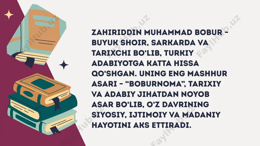 dalar va jangning o‘tkazilishiga oid ko‘plab harbiy atamalarni ishlatadi. masalan, "qurolli jang", "sarkarda", "dastur" kabi so‘zlar orqali janglarning detallari tasvirlanadi. bobur "boburnoma" asarida tabiatni o‘ziga xos tarzda tasvirlagan. u o‘zining sayohatlari davomida turli o‘simliklar, hayvonlar, tog‘lar va iqlim haqida ko‘plab ma'lumotlar beradi. misol: “hindistonda ko‘rganim o‘simliklar go‘zal va rang-barang edi. bu yerning o‘ziga xos iqlimi o‘simliklarning gullashiga juda qulay edi. masalan,* kanjur** va shor gulni o‘zgacha o‘simliklar sifatida ta’rifladim. bu gul va daraxtlar nafaqat go‘zal, balki dorivor xususiyatlarga ham ega edi.”* bu yerda kanjur va shor gul kabi o‘simliklar haqida so‘z boradi, shuningdek, bobur o‘z kuzatishlarini tabiatshunoslik nuqtai nazaridan ta'riflaydi. boburnoma asarida foydalangan xulosa: zahiriddin muhammad boburning "boburnoma" asari, nafaqat tarixiy, balki adabiy jihatdan ham katta ahamiyatga ega. bobur o‘z asarida o‘zining hayoti, harbiy tajribalari va sayohatlarini tasvirlar ekan, til va uslubga alohida e'tibor qaratgan. asarda ishlatilgan badiiy san’atlar, o‘xshatishlar, kinoya va mubolag‘alar orqali voqealar jonli va samimiy tarzda bayon …