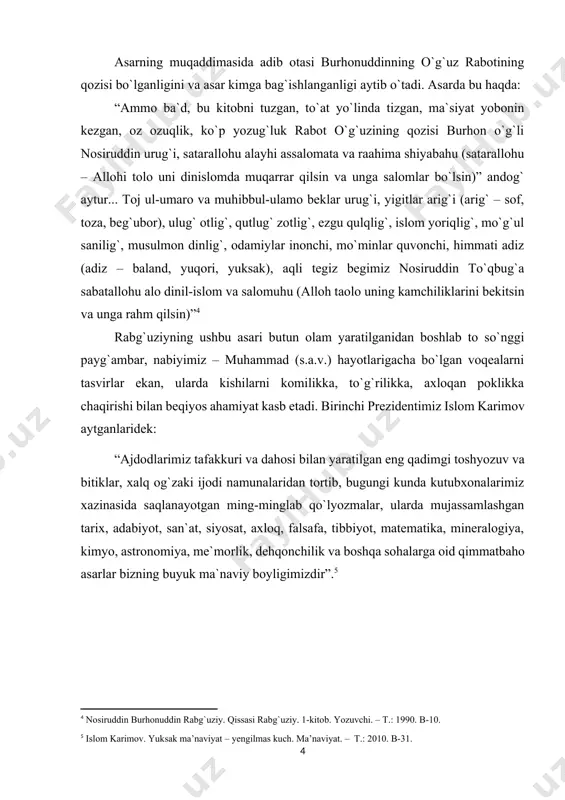b etadi. birinchi prezidentimiz islom karimov aytganlaridek: “ajdodlarimiz tafakkuri va dahosi bilan yaratilgan eng qadimgi toshyozuv va bitiklar, xalq og`zaki ijodi namunalaridan tortib, bugungi kunda kutubxonalarimiz xazinasida saqlanayotgan ming-minglab qo`lyozmalar, ularda mujassamlashgan tarix, adabiyot, san`at, siyosat, axloq, falsafa, tibbiyot, matematika, mineralogiya, kimyo, astronomiya, me`morlik, dehqonchilik va boshqa sohalarga oid qimmatbaho asarlar bizning buyuk ma`naviy boyligimizdir”.[footnoteref:5] [5: islom karimov. yuksak ma’naviyat – yengilmas kuch. ma’naviyat. – t.: 2010. b-31.] i bob “qissasi rabg`uziy” – igeografik adabiyot namunasi sifatida tarixda payg`ambarlar hayotini yoritishga qaratilgan ko`plab asarlar yaratilgan. shulardan biri biz o`rganayotgan “qissasi rabg`uziy” asaridir. “qissasi rabg`uziy” qissalarida qahramonlar voqea-hodisalar rivoji davomida o`zligini, o`ziga xos xususiyatlarini ko`rsatib borishadi. qissalarda maqsadi va mazmuniga qarab, bir necha sujet yo`nalishlari bo`lishi mumkin. asar strukturasi ham sujetning shu xususiyatiga bog`liq bo`ladi. asar voqealari rivojiga asos bo`lgan ma`lumotlar, qarashlar ko`p jihatdan qur`onga tayanadi. rabg`uziy ularni o`z dunyoqarashi hamda tajribasi asosida qayta ishlagan, o`z badiiy tafakkuri bilan boyitgan. qissalar …