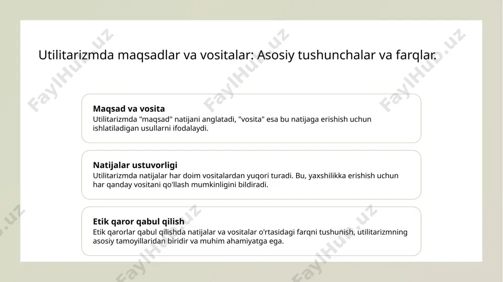 natijalar bilan vositalar o'rtasida adolat va haqiqiylikni saqlash muhimdir. utilitarizm va madaniyat: ularning o'zaro aloqasi va ta'siri. 1 utilitarizm va madaniyat utilitarizmning madaniy kontekstdagi o'rni, ijtimoiy qadriyatlarga ta'sir ko'rsatib, etik qarorlar qabul qilishda muhim rol o'ynaydi. 2 madaniy qadriyatlar madaniyatdagi qadriyatlar utilitarizmni shakllantiradi, natijada, etika va axloqiy qarorlar madaniy muhitga moslashadi va o'zgaradi. 3 utilitarizmning ta'siri utilitarizm, ijtimoiy va madaniy jihatdan, adolat, tenglik va jamiyat taraqqiyotiga yo'naltirilgan qarorlarni qabul qilishda muhim ahamiyatga ega. etik qarorlar va utilitarizm: madaniy kontekstda natijalar ahamiyati. 1 etik qarorlar va utilitarizm utilitarizmda etik qarorlar, natijalar ustuvorligini hisobga olib, ijtimoiy foyda va zararlarni baholashga asoslanadi. 2 madaniyat va etikalar har bir madaniyatda etik qadriyatlar, utilitarizm orqali, odamlarning xulq-atvorini va qaror qabul qilish jarayonlarini shakllantiradi. 3 ijtimoiy natijalar utilitarizmda qabul qilingan qarorlar, ijtimoiy natijalarga ta'sir ko'rsatadi, shuning uchun natijalar madaniyatga mos ravishda baholanadi. 4 misollar va amaliyot real hayotdagi misollar, utilitarizm va madaniyat o'rtasidagi bog'liqlikni ko'rsatadi; shuningdek, …