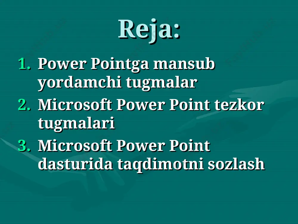 siyasi. - slayd obyektlarining yuqoridan so’zma-so’z paydo bo’lishi animatsiya effekti. microsoft power point tezkor tugmalari 1. ctrl+n - yangi taqdimot faylini yaratish. 2. ctrl+m - taqdimotga yangi bush slayd qo‘shish. 3. ctrl+d - taqdimotga aktiv slayd nusxasini qo‘shish. 4. ctrl+enter - slaydning keyingi elementini tahrirlash 5. ctrl+o - ilgari yaratilgan taqdimot faylni qayta ochish 6. ctrl+w - ekranda ochik bo‘lgan taqdimot faylni berkitish 7. ctrl+p - taqdimotni qog‘ozga bosmaga chiqarish 8. ctrl+s - taqdimot faylni saqlash. 9. f5 - taqdimot namoyishini ishga tushirish 10. alt+f4 - microsoft powerpoint dasturidan chiqib ketish microsoft power point tezkor tugmalari 11. ctrl+f - matn qismini kidirish 12. ctrl+h - topilgan matnni boshqa matn bilan almashtirish 13. ctrl+k - giperyullanma qo‘shish 14. f7 - imlo xatolarni tekshirish 15. esc - oxirgi uzgarish yoki tugallanmagan harakatni bekor qilish 16. ctrl+z - oxirgi harakatni bekor qilish 17. ctrl+y - bekor kilingin harakatni qaytarish 18. ctrl+shift+f - slaydning …
